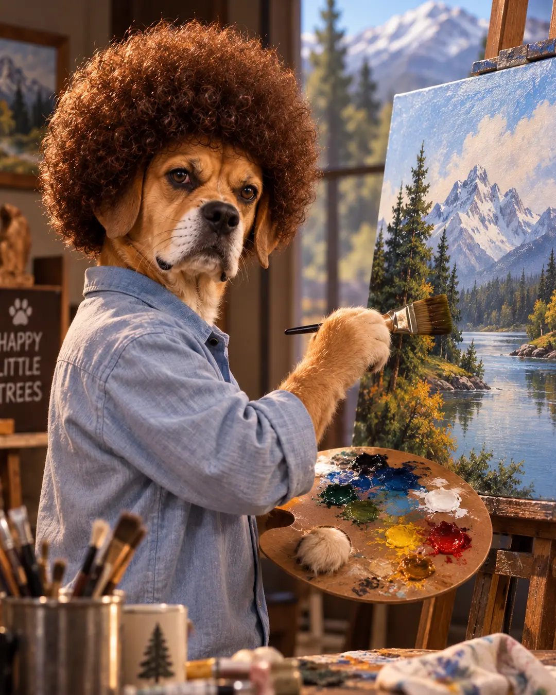 Bob Ross-inspired dog paints a peaceful mountain landscape, complete with his signature curly hair, palette and a few happy little trees.