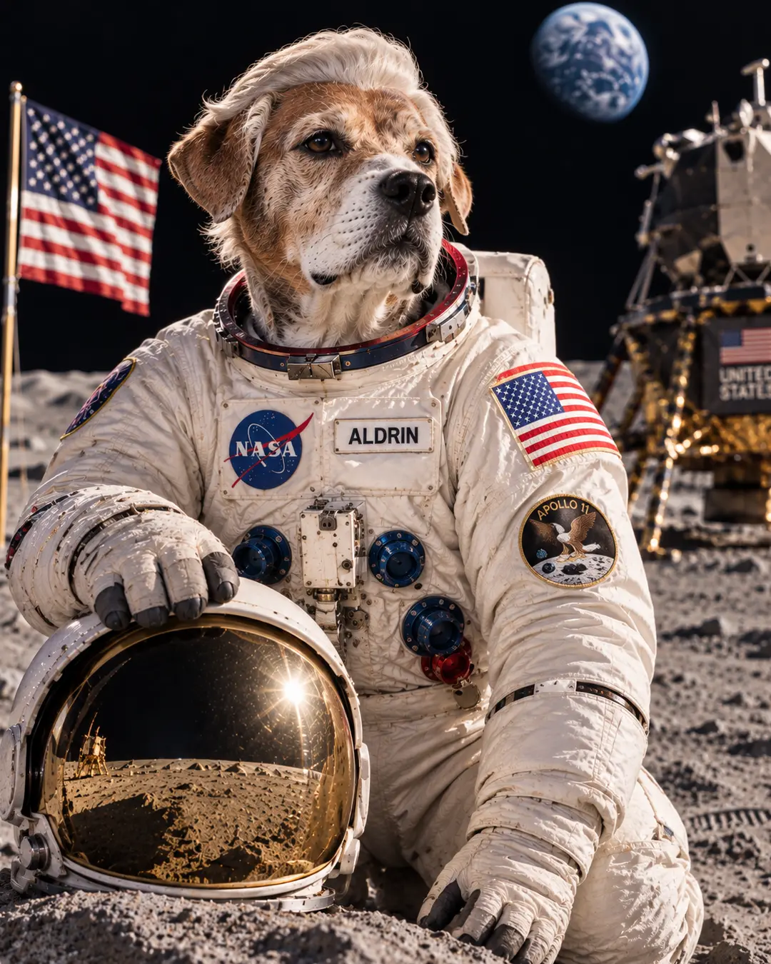 Buzz Aldrin-inspired dog poses on the Moon in an Apollo spacesuit, with the lunar module, American flag and Earth behind him.