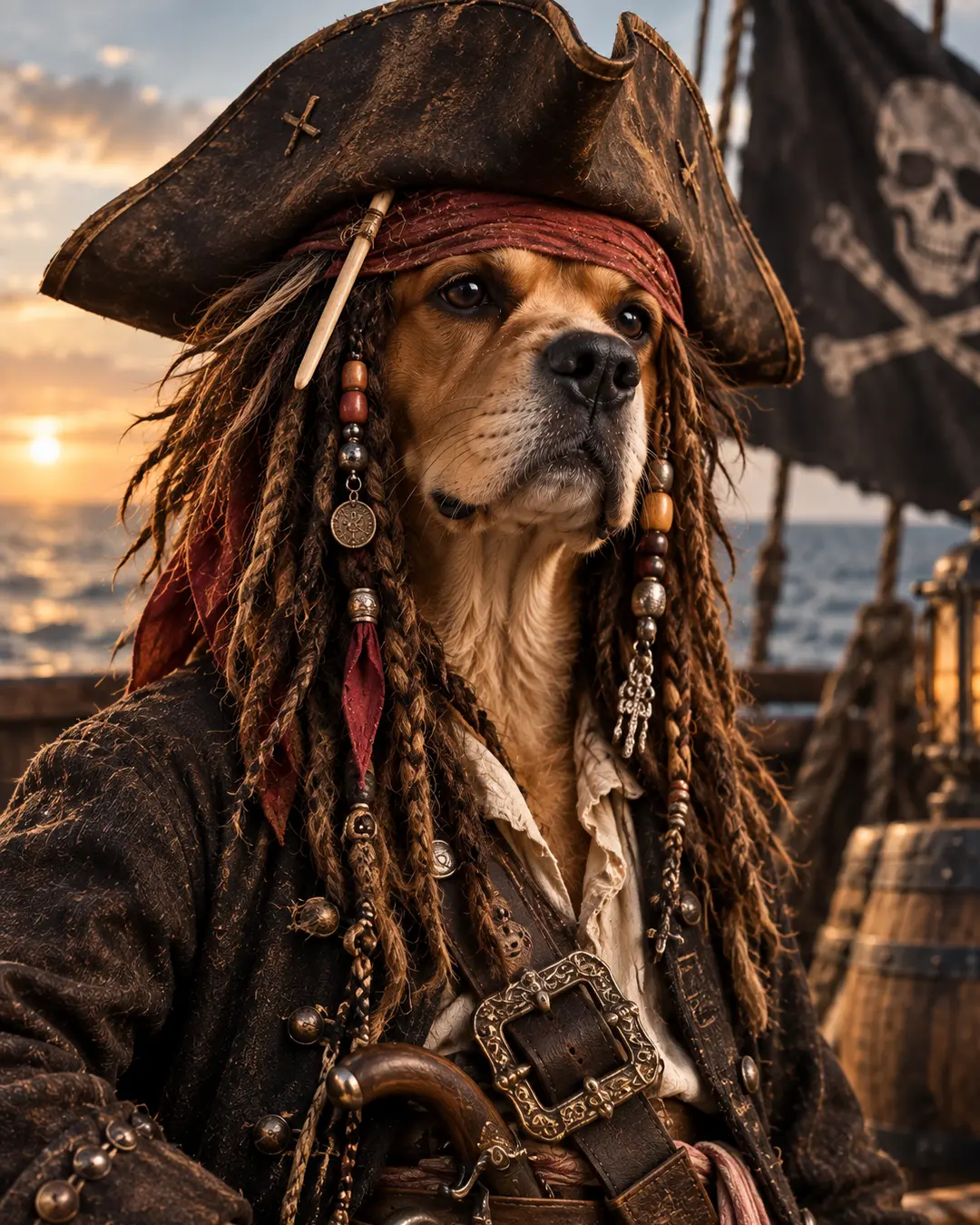 Pirate dog channels Captain Jack Sparrow with dreadlocks, tricorn hat, weathered coat and plenty of swagger aboard a ship at sunset.