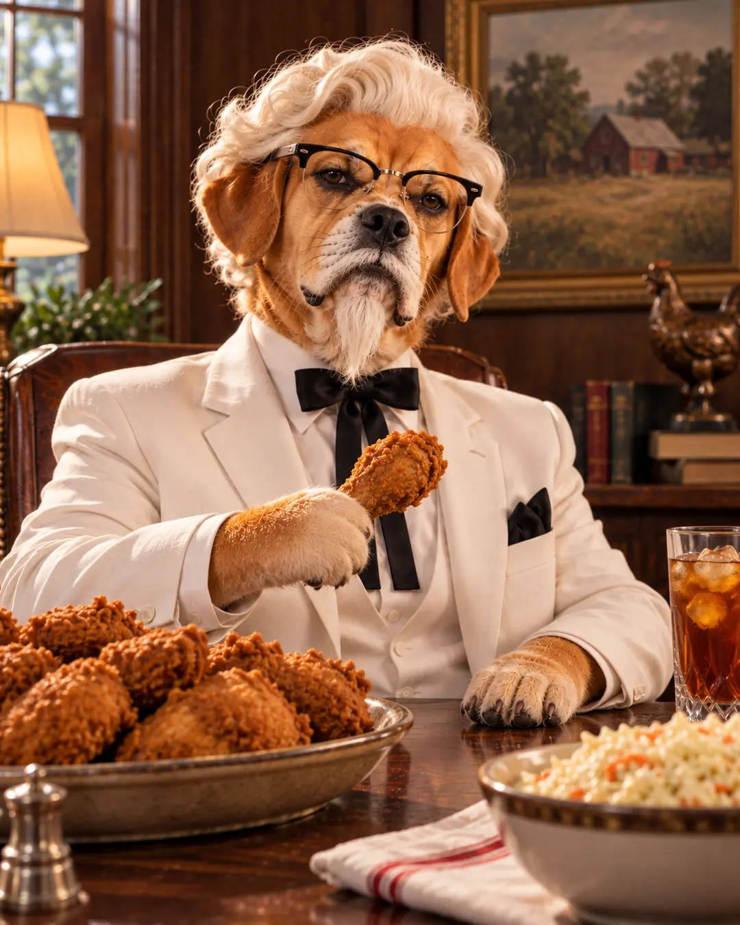 Colonel Sanders-inspired dog enjoys a feast of fried chicken in his signature white suit, black bow tie, glasses and snowy white hair.