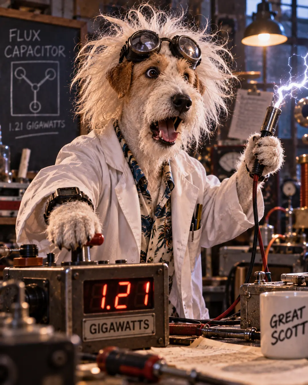 Doc Brown-inspired dog experiments with a flux capacitor, wild white hair and 1.21 gigawatts of chaotic Back to the Future energy.