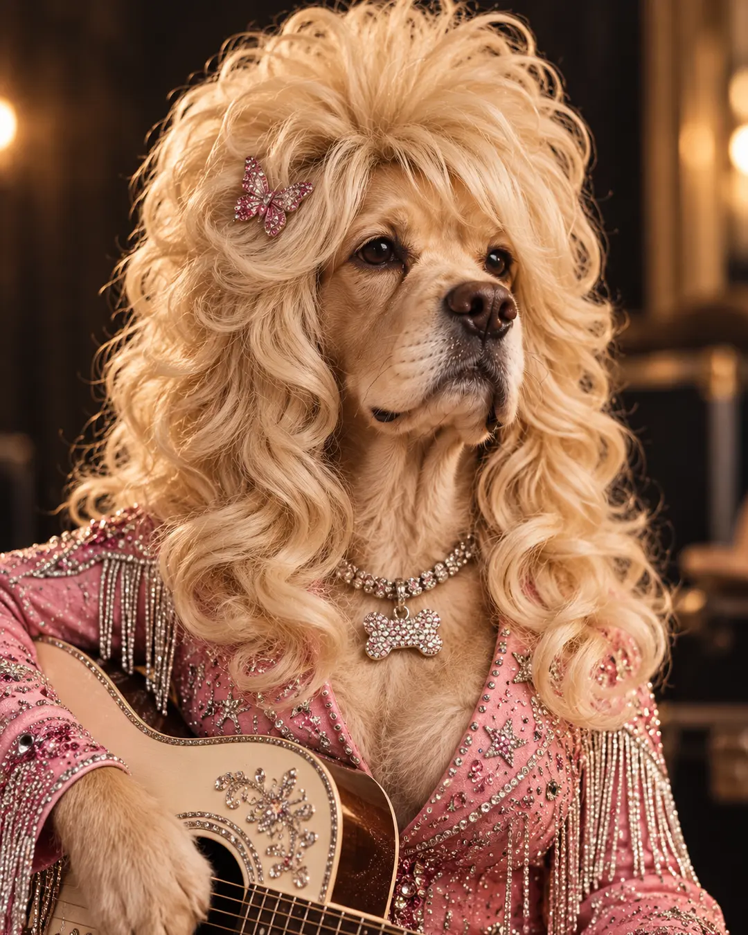 Glamorous dog channels Dolly Parton with huge blonde curls, a rhinestone-covered pink outfit and a sparkling acoustic guitar.
