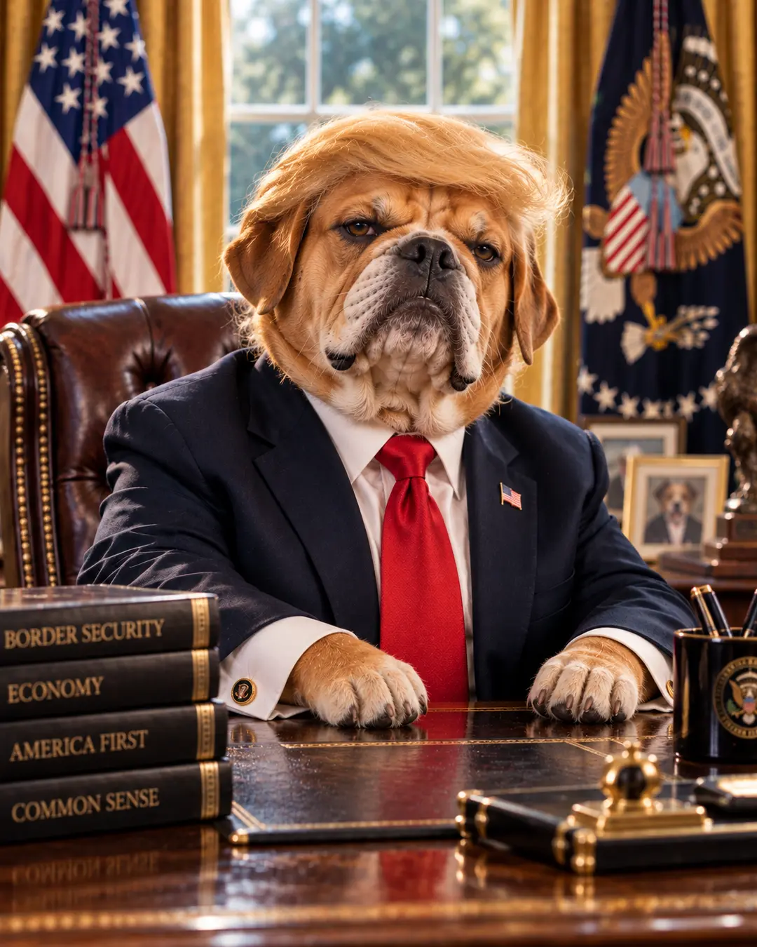 Donald Trump-inspired dog sits behind the presidential desk in a dark suit, bright red tie and distinctive blond hairstyle.