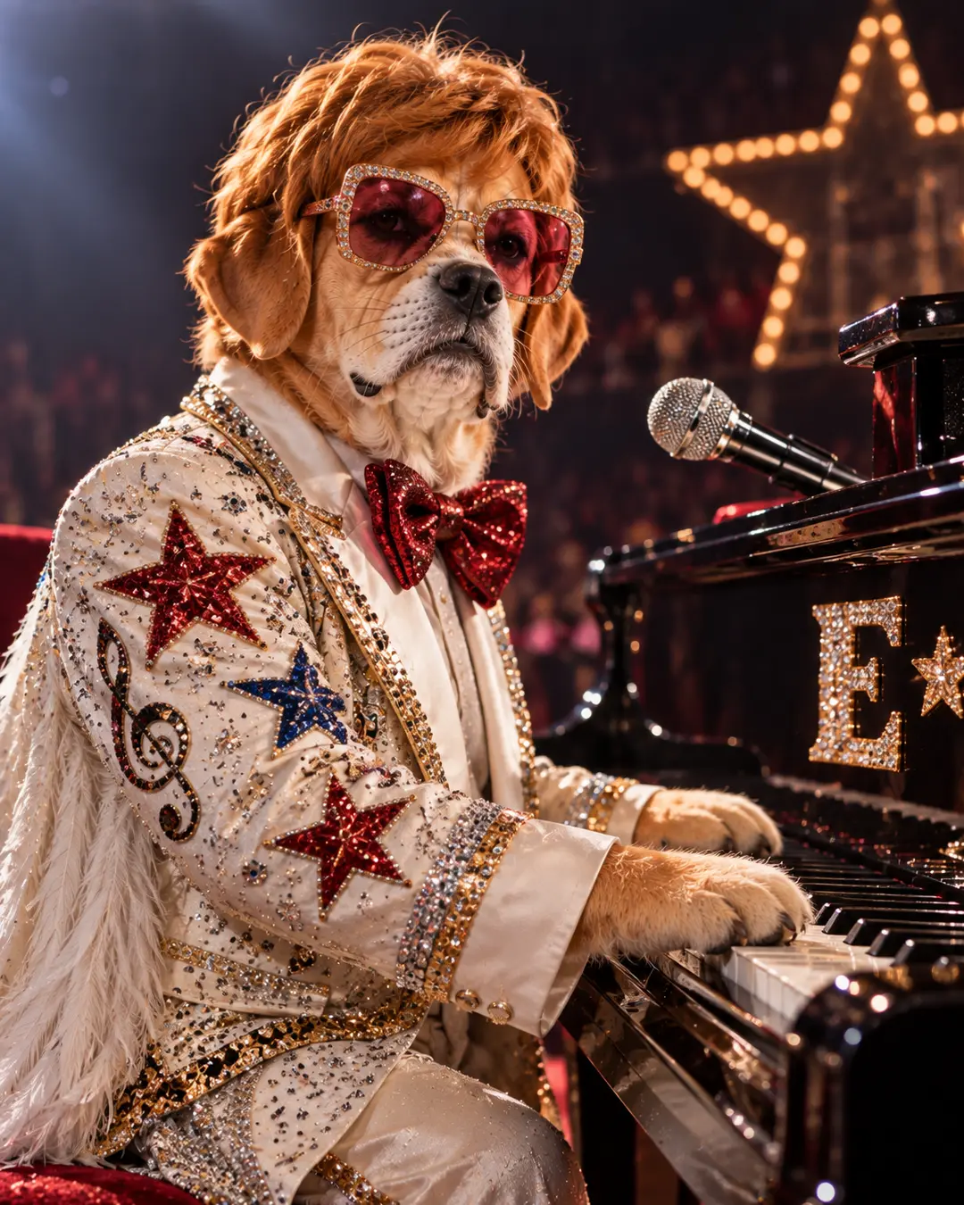 Elton John-inspired dog performs at the piano in rhinestone glasses and a dazzling sequined suit, bringing full rock-star glamour to the stage.