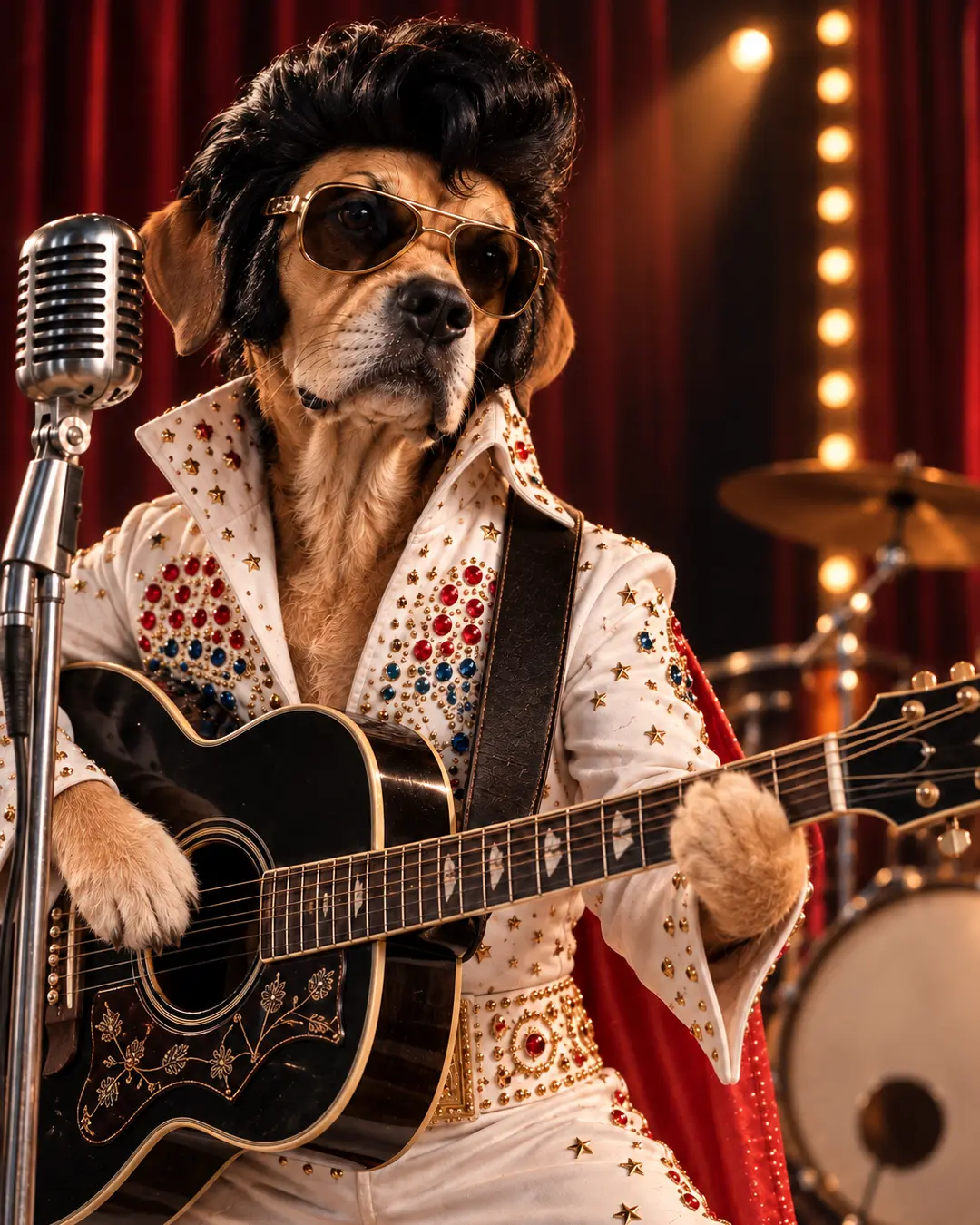 Elvis-inspired dog takes the stage in a jeweled white jumpsuit, pompadour wig and aviator shades, complete with guitar and vintage microphone.