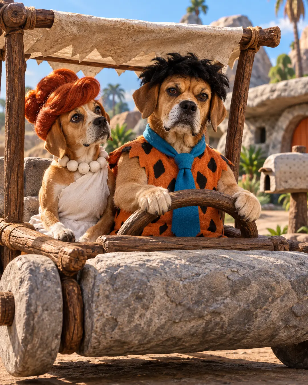 Flintstones-inspired dogs become Fred and Wilma, cruising through Bedrock in their iconic Stone Age car and prehistoric outfits.
