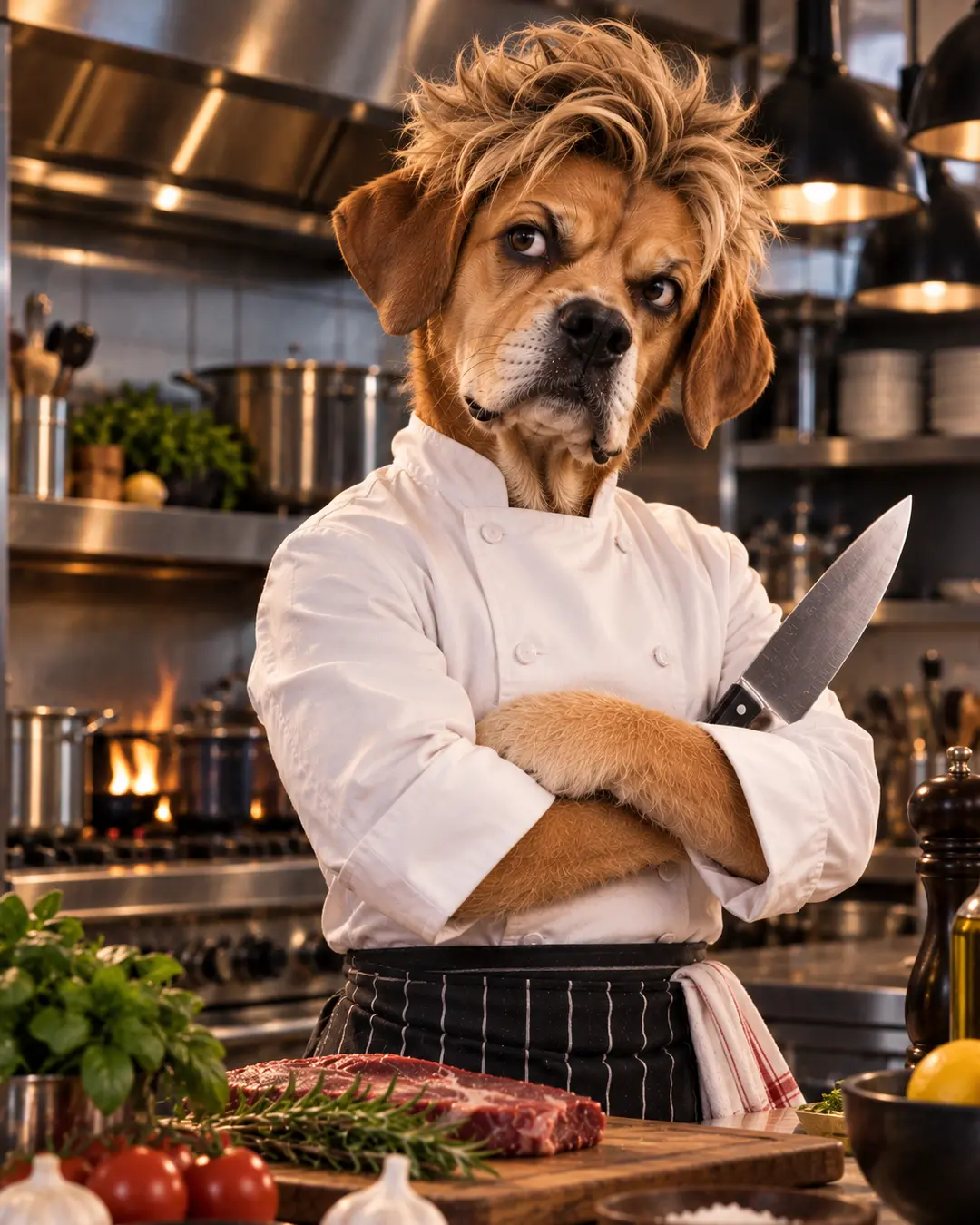 Gordon Ramsay-inspired dog gives serious chef attitude in a professional kitchen, complete with tousled blond hair, chef whites and a sharp stare.