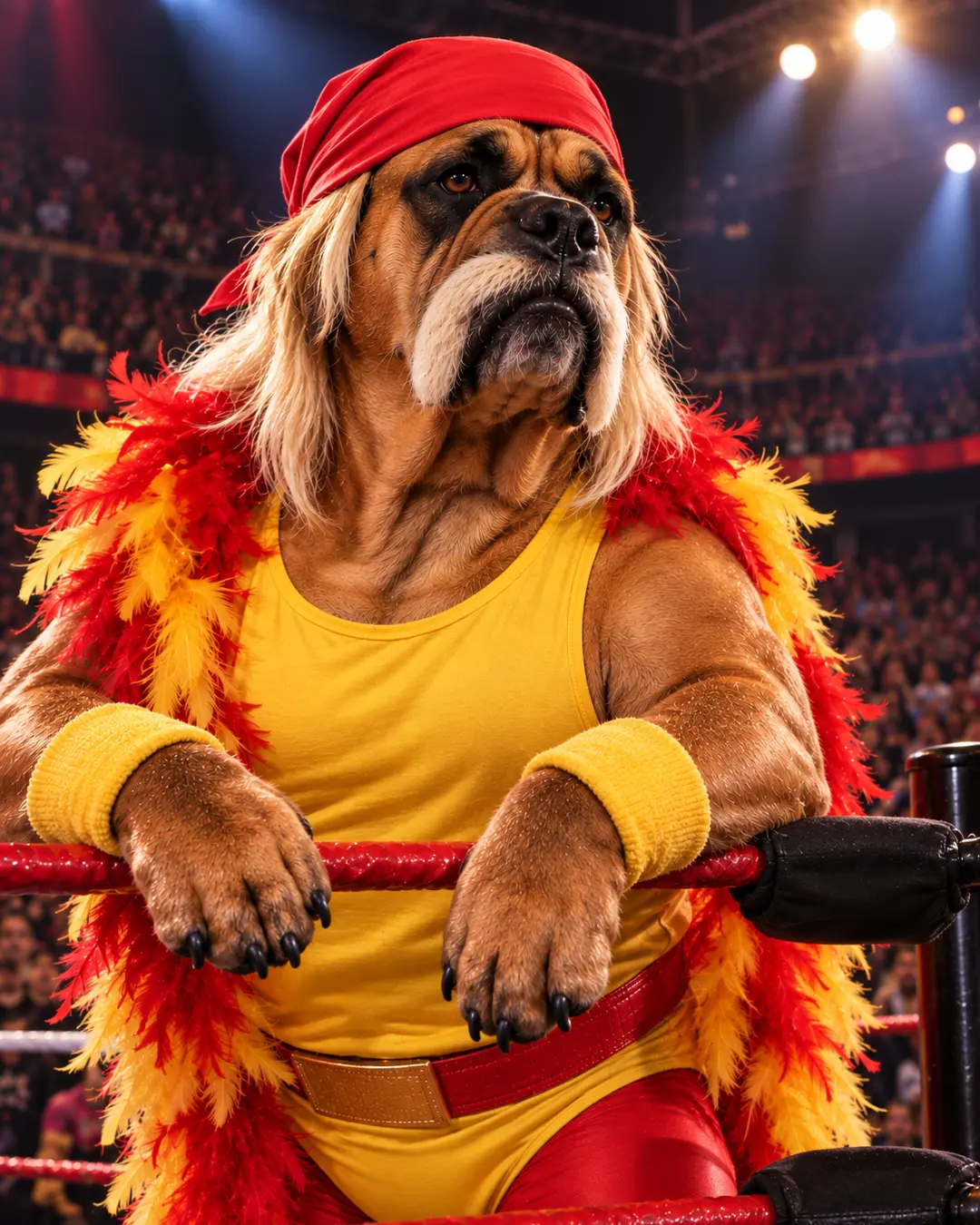 Hulk Hogan-inspired dog owns the wrestling ring with blond hair, red bandana, yellow gear and an unmistakable larger-than-life attitude.