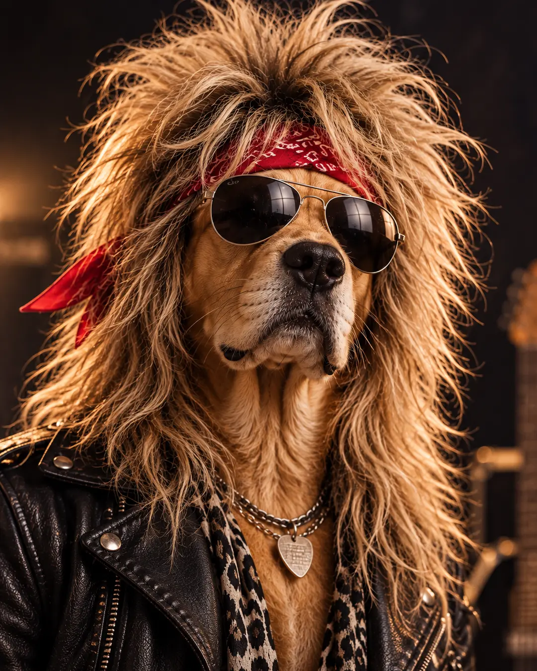 Rock-star dog channels serious ’80s energy with a wild blond wig, red bandana, aviator shades and black leather jacket.