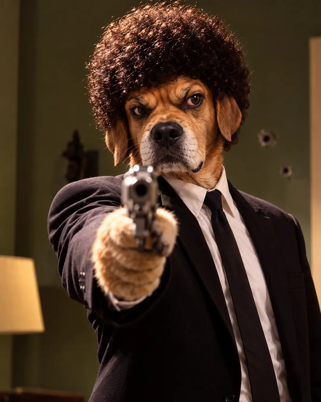 Pulp Fiction-inspired dog channels Jules in a black suit and curly wig, recreating the film’s unmistakable intensity.