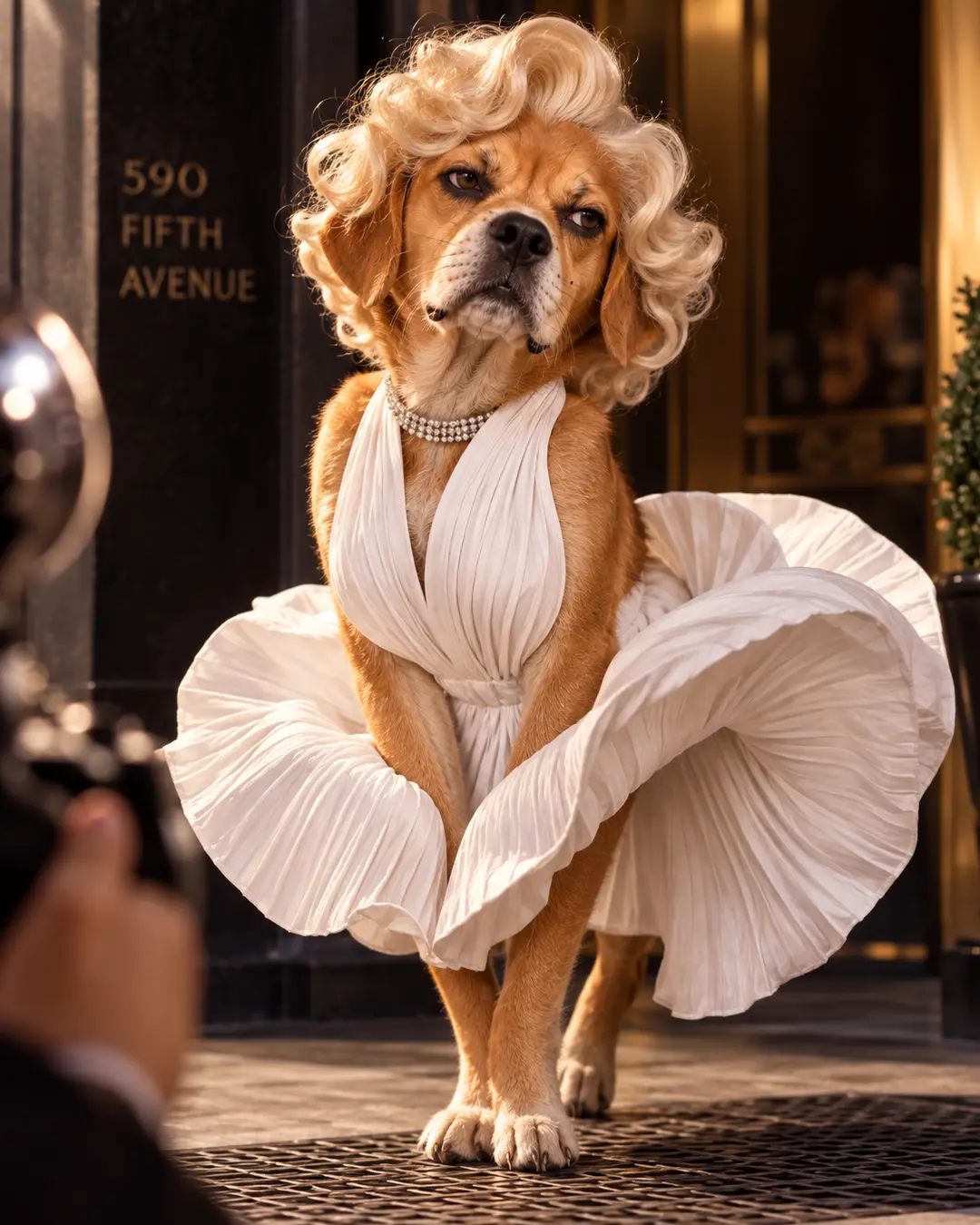 Marilyn Monroe-inspired dog poses in her iconic white dress and platinum curls, recreating one of Hollywood’s most famous moments.