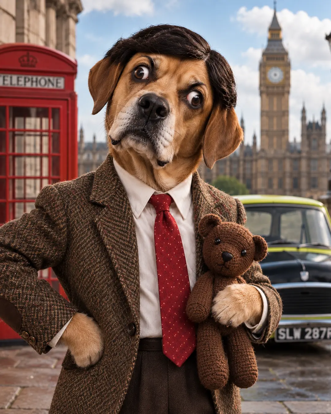 Mr. Bean-inspired dog poses in London with his trademark suit, red tie and teddy bear, complete with a wonderfully confused expression.