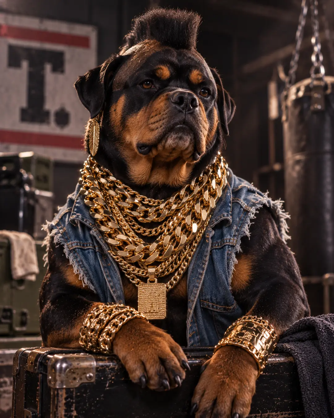 Mr. T-inspired Rottweiler brings serious ’80s attitude with a mohawk, denim vest and enough gold chains to make B.A. Baracus proud.