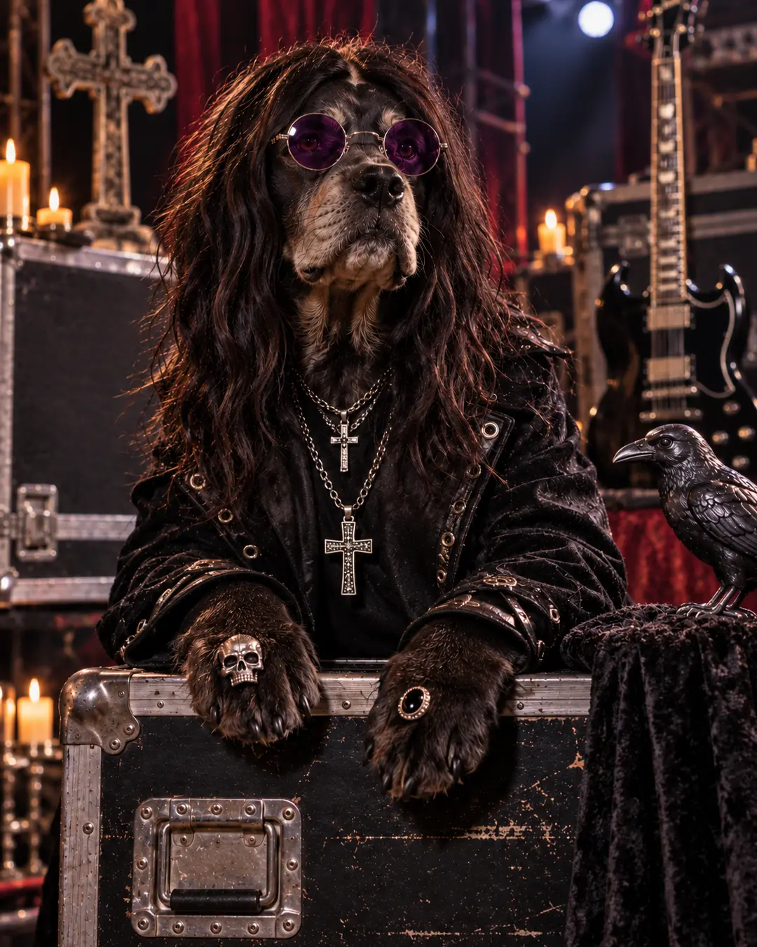 Ozzy Osbourne-inspired dog embraces the Prince of Darkness look with long black hair, purple glasses, crosses and gothic rock-star style.