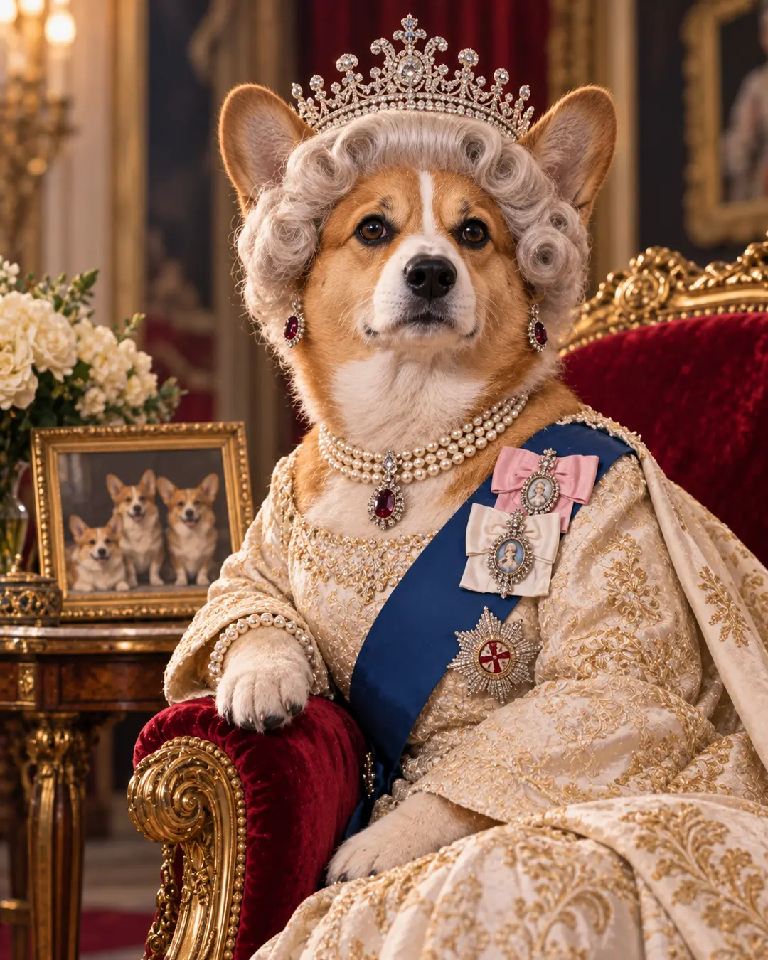 Queen Elizabeth II-inspired corgi sits regally in a jeweled tiara, pearls and ceremonial gown, surrounded by elegant palace decor.