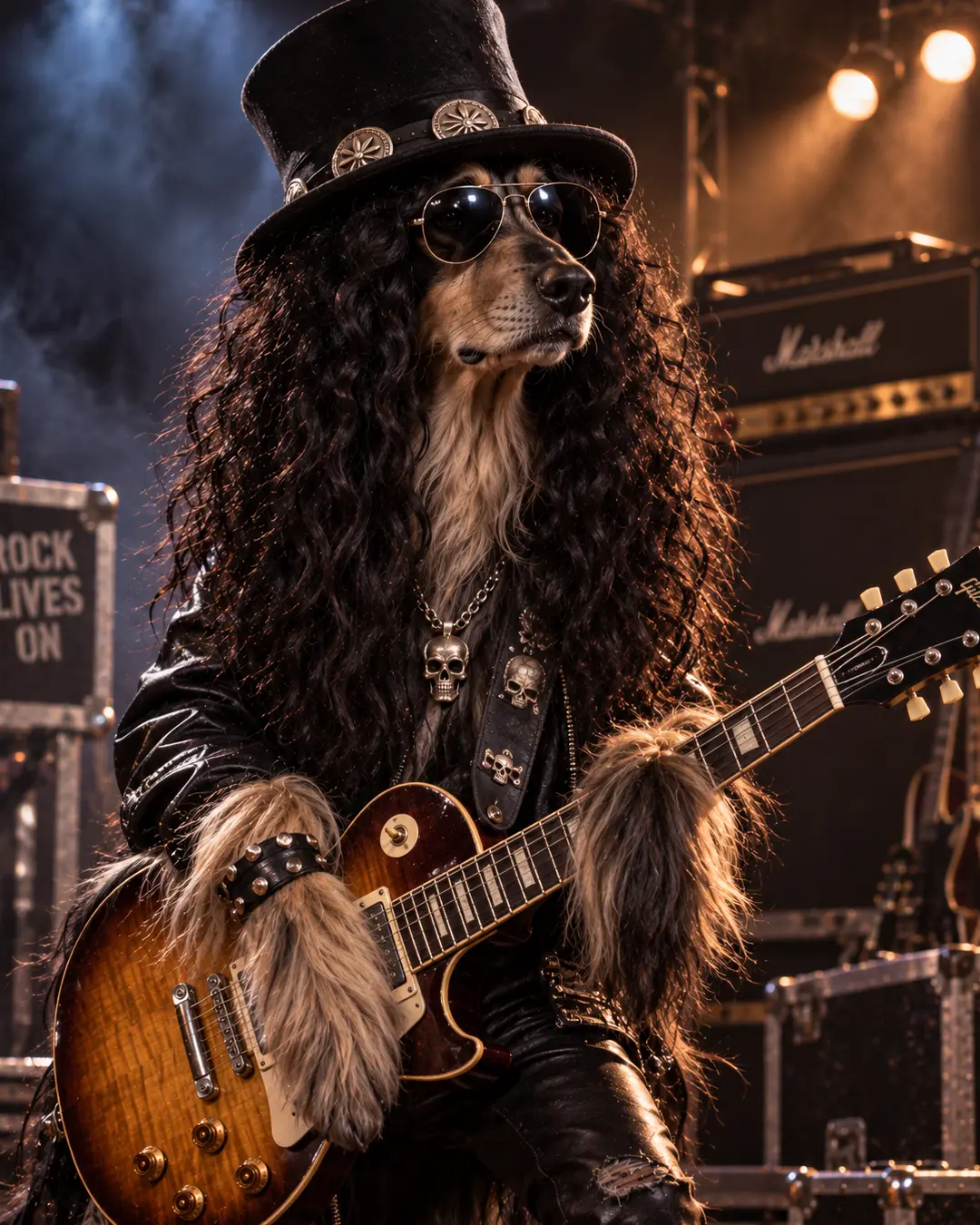 Slash-inspired dog rocks a top hat, aviator shades and wild black curls while wielding a Les Paul-style guitar onstage.
