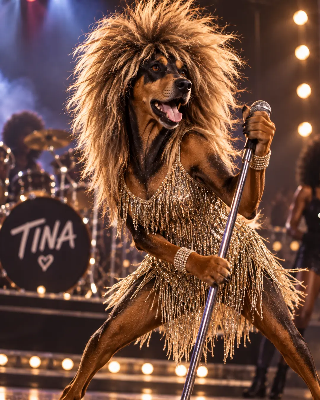 Tina Turner-inspired dog commands the stage in a sparkling fringe dress and wild hair, capturing the unstoppable energy of the rock ’n’ roll icon.