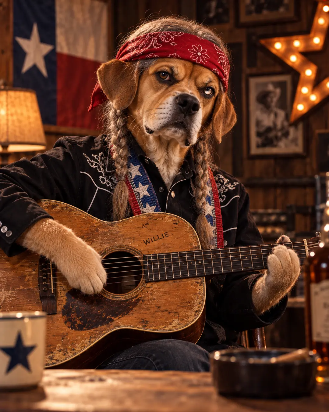 Willie Nelson-inspired dog strums a weathered guitar, complete with long braids, red bandana and unmistakable outlaw-country style.
