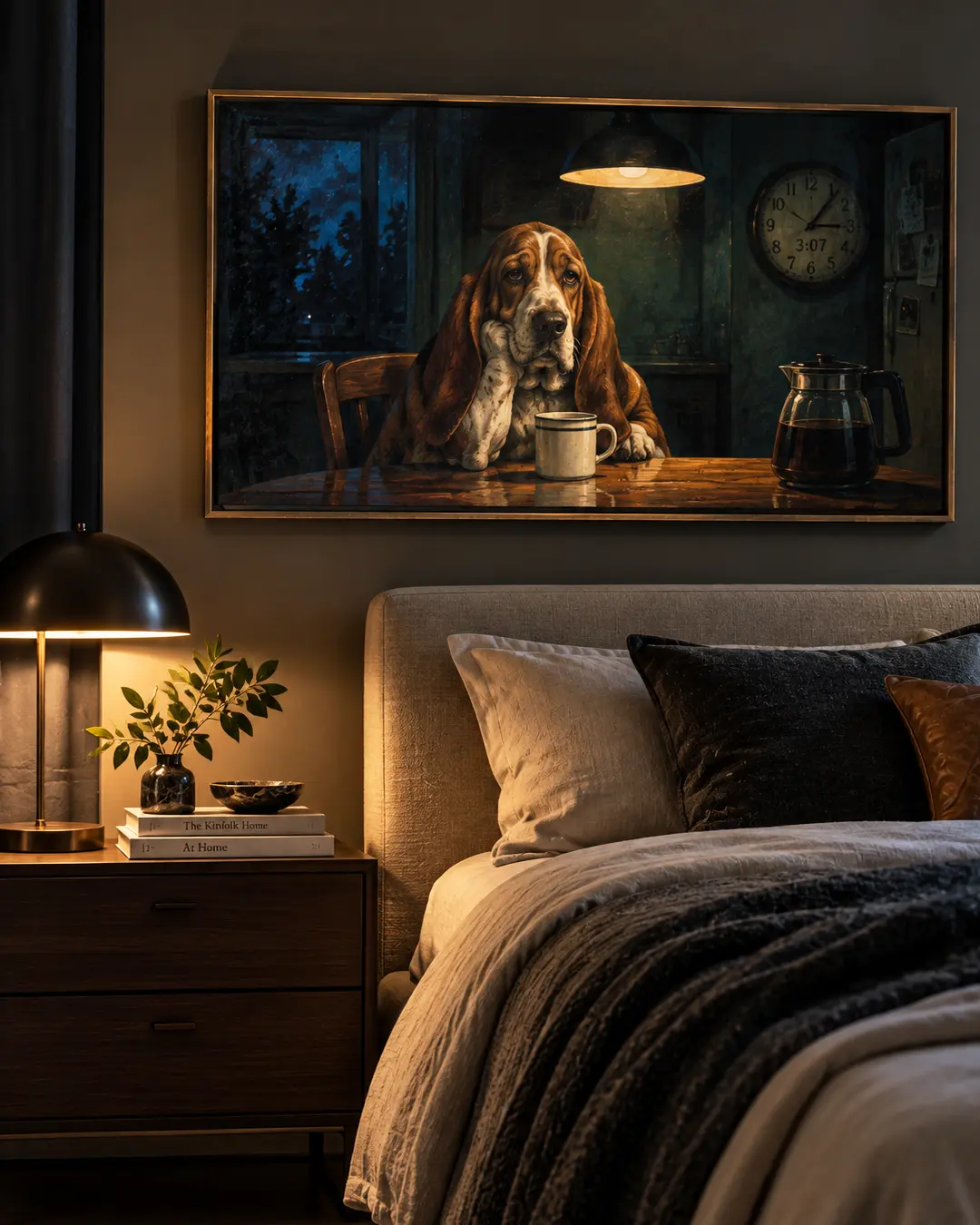 A weary Basset Hound sits alone with coffee at 3:07 a.m., turning sleeplessness into wonderfully moody bedroom art.