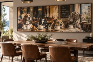 Four dogs share coffee and croissants in charming café artwork that brings warmth and humour to a sophisticated dining room.
