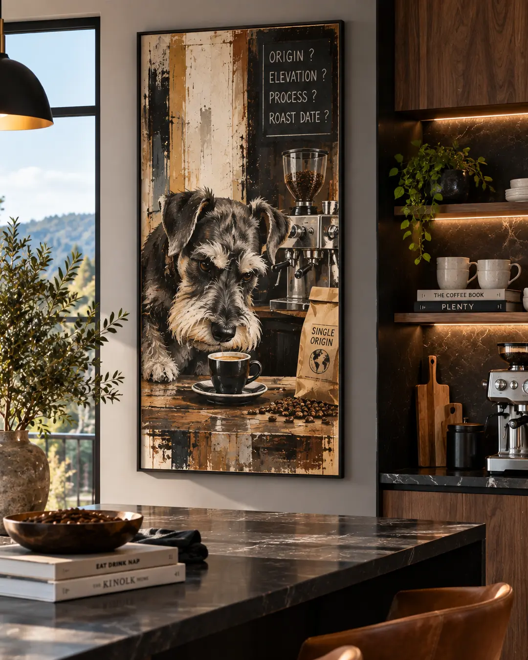 A serious Schnauzer studies a single-origin espresso in bold coffee-themed art displayed in a sophisticated modern kitchen.