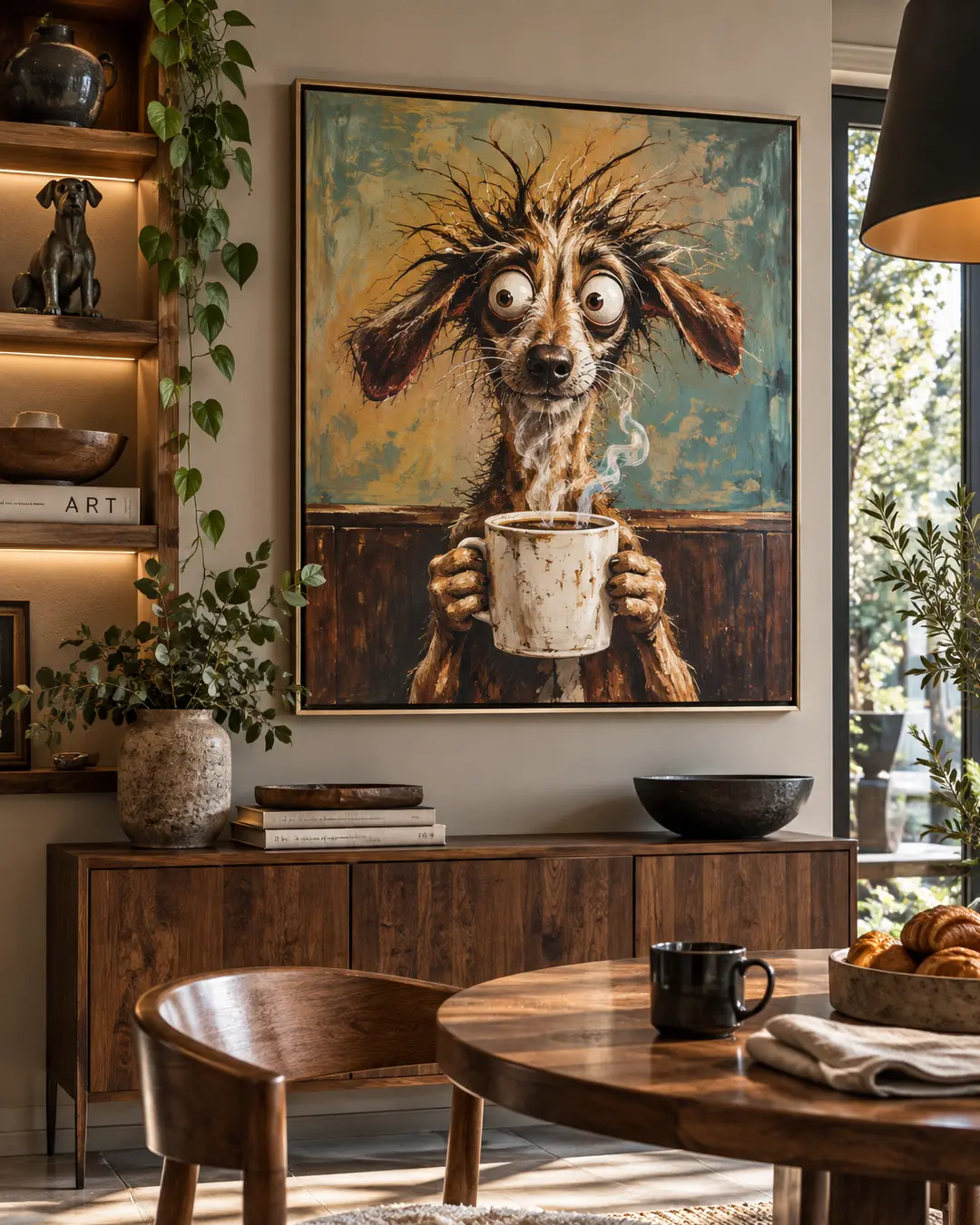 A wildly caffeinated dog clutching a steaming mug becomes the unforgettable focal point of a warm, sophisticated dining room.