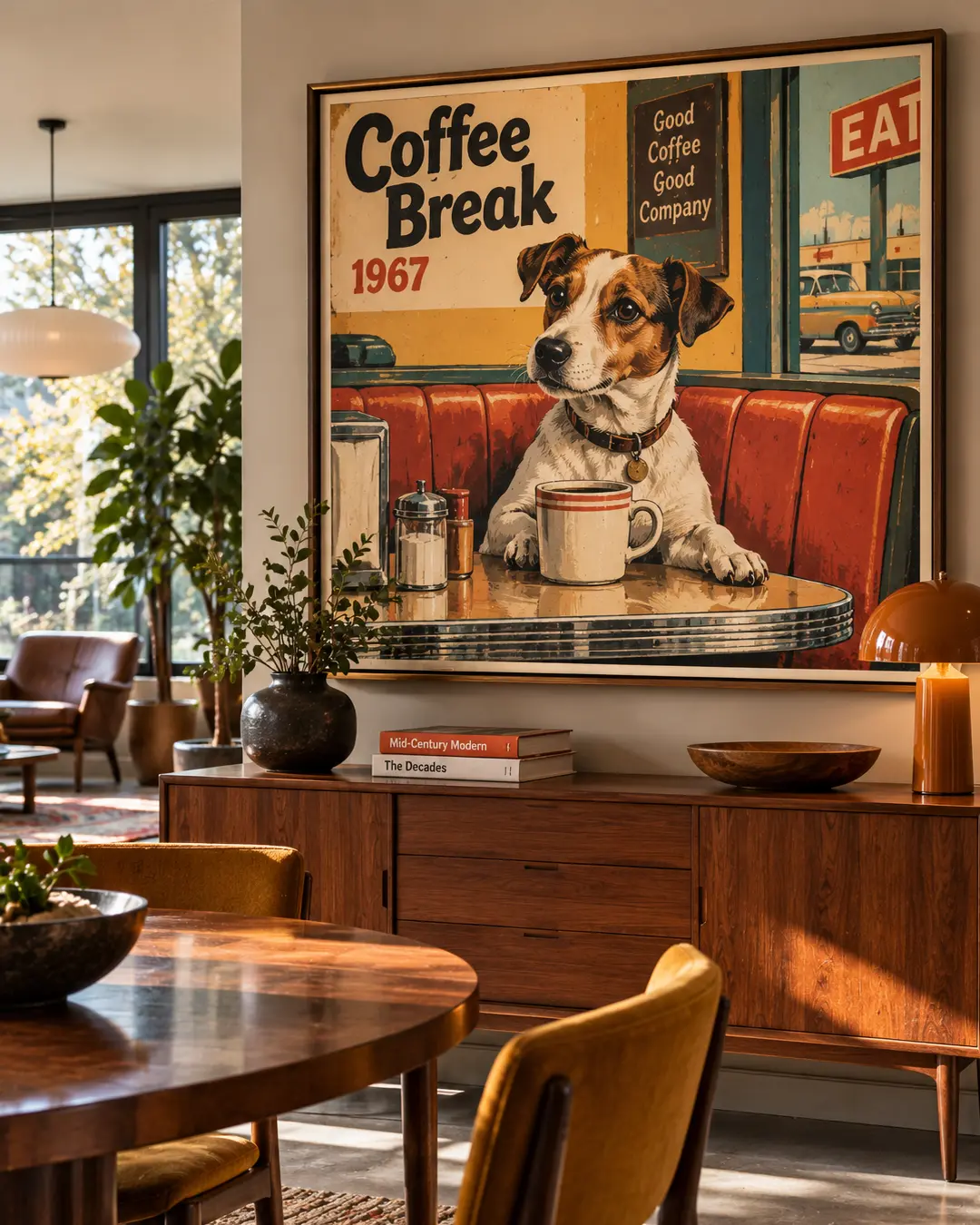 Vintage “Coffee Break, 1967” dog art brings diner nostalgia and playful character to a warm mid-century modern dining room.