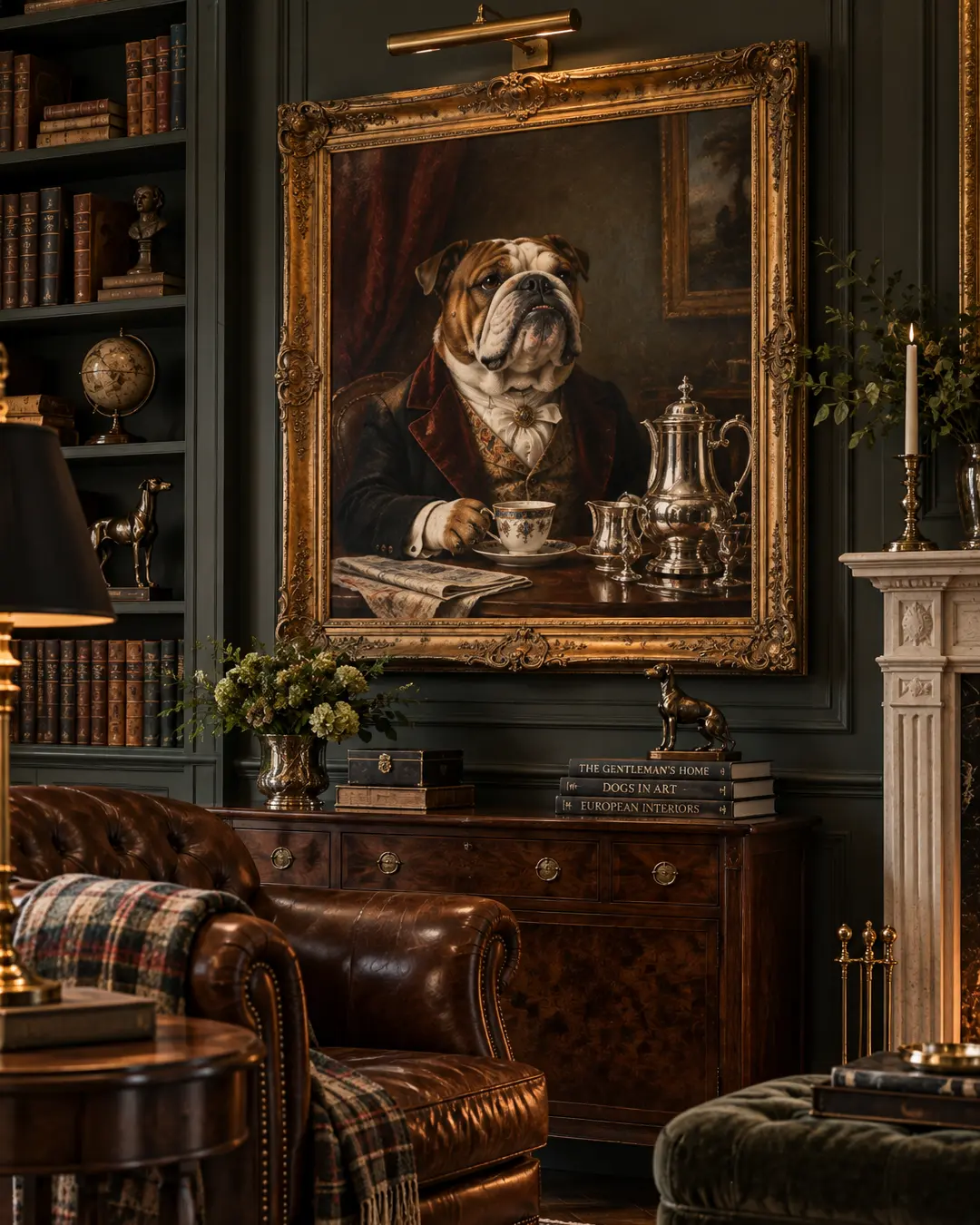 A grand oil portrait of a distinguished Bulldog enjoying coffee gives this dark, traditional library a wonderfully aristocratic sense of humour.
