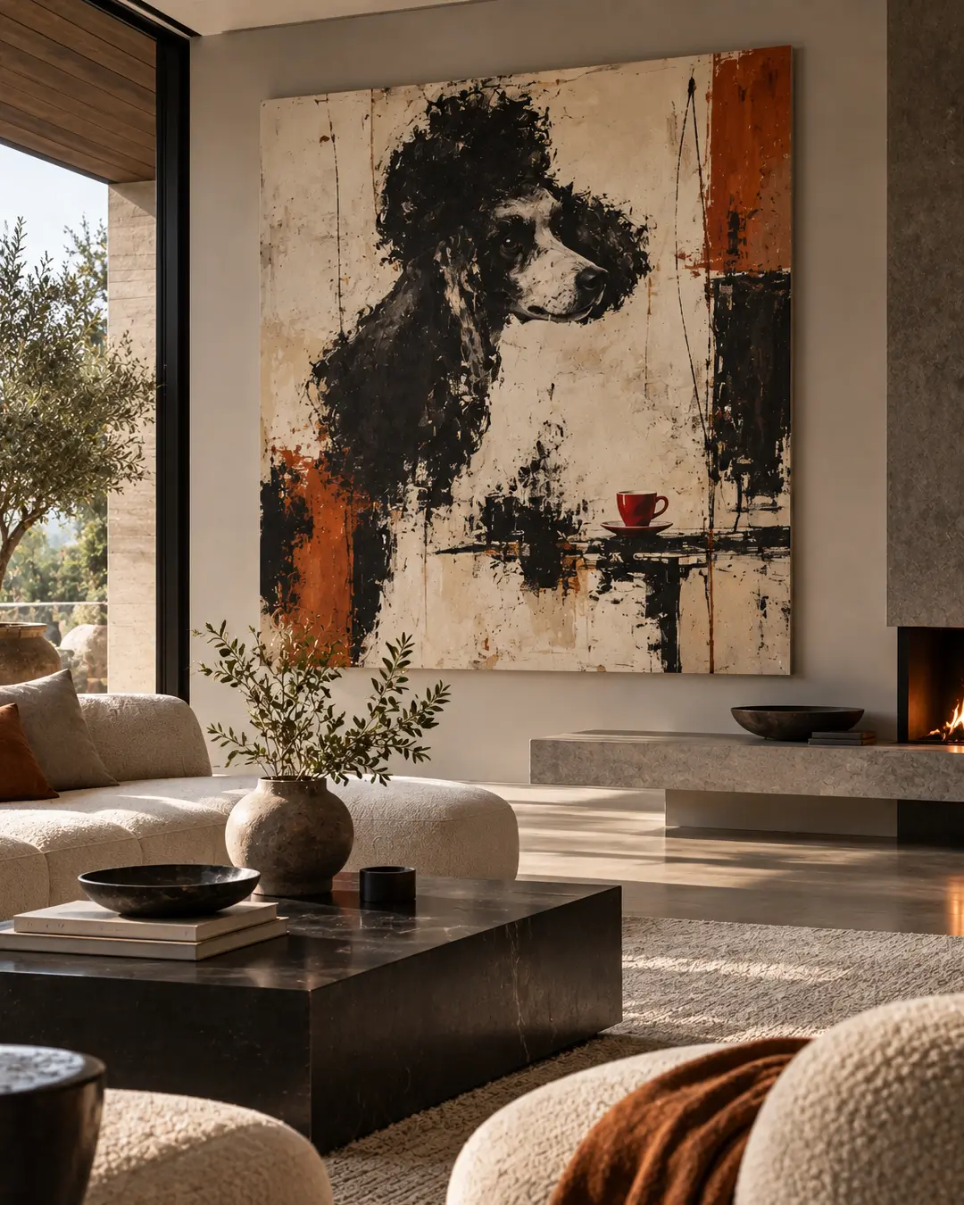 A bold abstract poodle painting with a tiny red coffee cup becomes the dramatic focal point of a sophisticated modern living room.