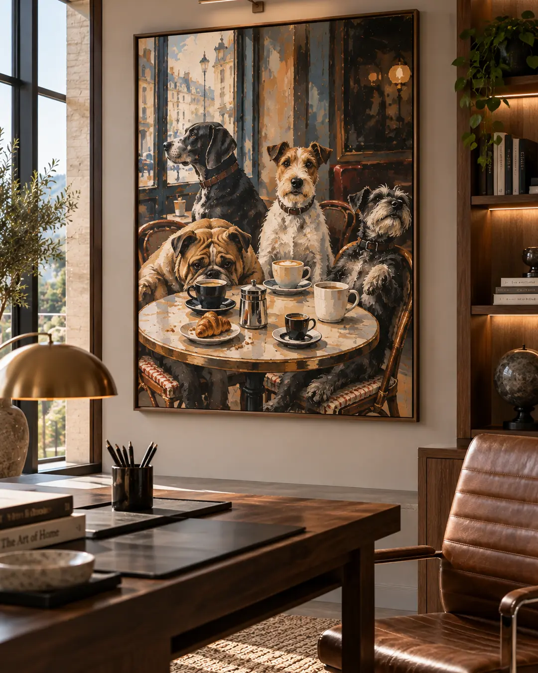 Four dogs gather around a Paris café table for coffee and croissants in charming artwork displayed in a sophisticated home office.