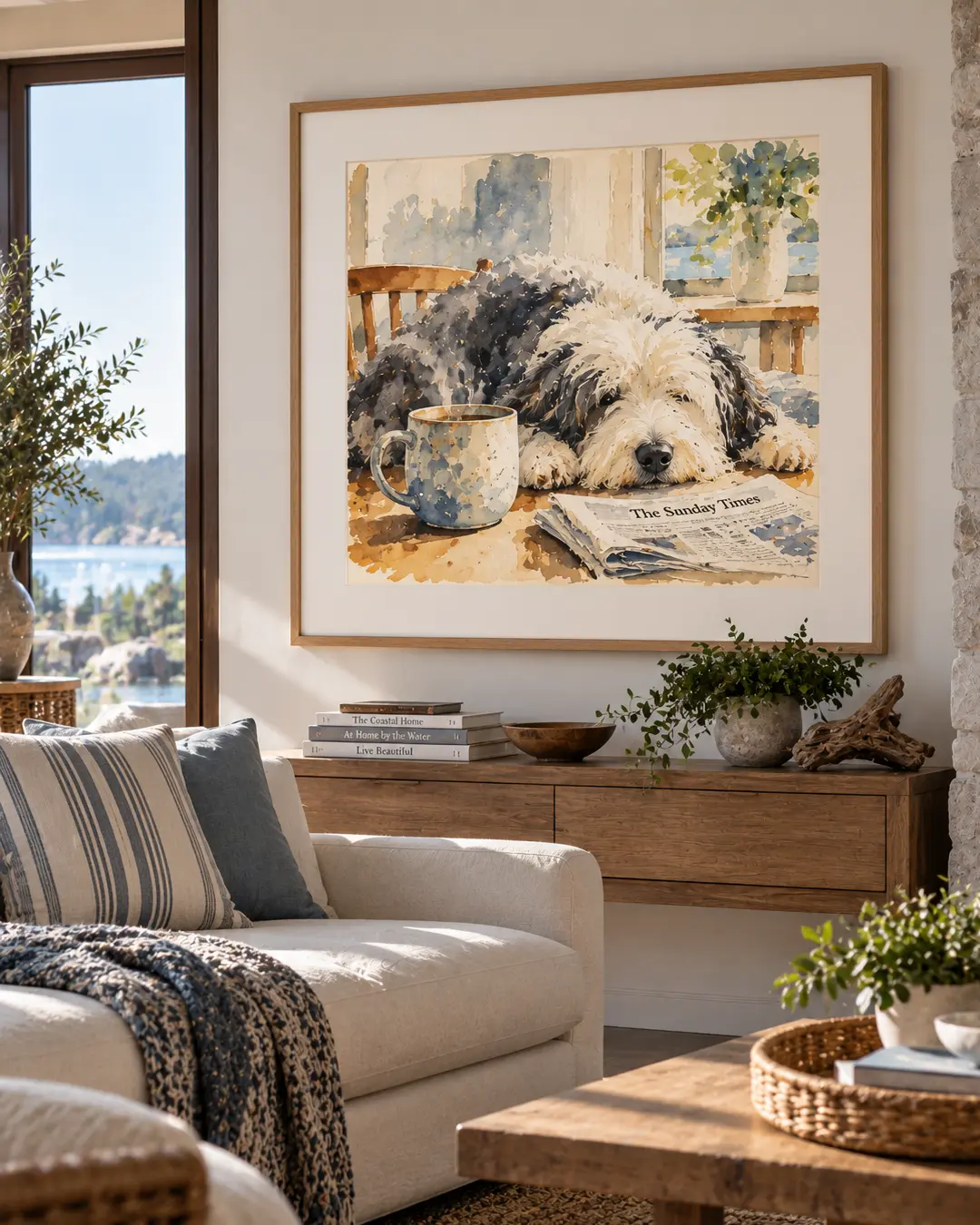 A sunlit coastal home features a soft watercolour of a shaggy Sheepdog relaxing beside coffee and the Sunday paper.