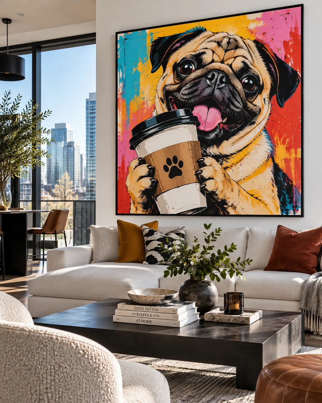 A huge, colourful pop-art pug clutching a coffee cup brings humour and energy to an otherwise sophisticated modern living room.
