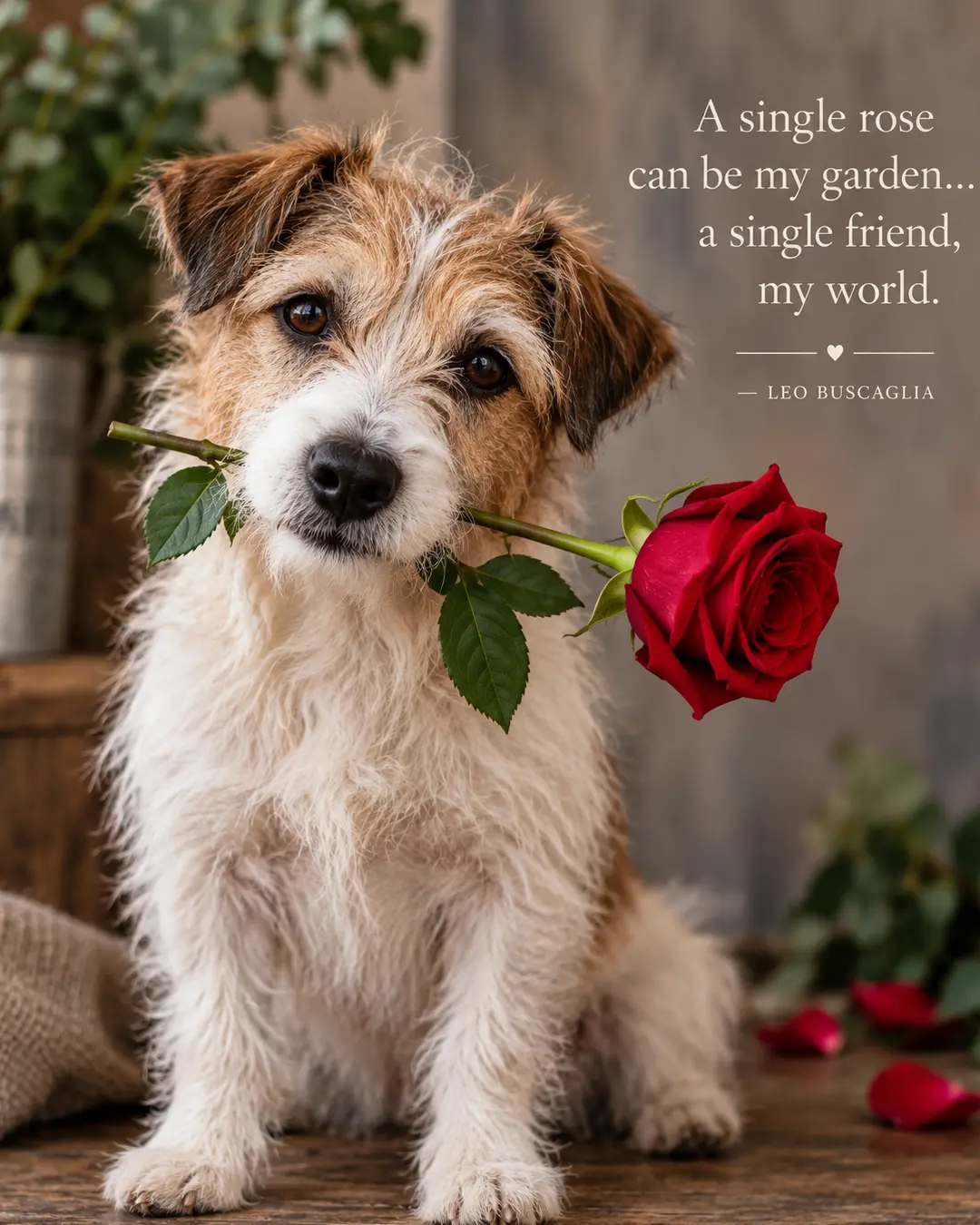 A scruffy terrier holds a single red rose beneath Leo Buscaglia’s touching quote about how one flower or one friend can become your whole world.