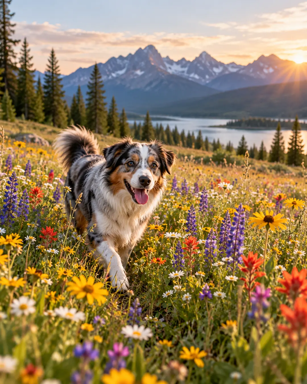 An Australian Shepherd trots through a colourful wildflower meadow at sunset, with a mountain lake and dramatic alpine peaks in the distance.