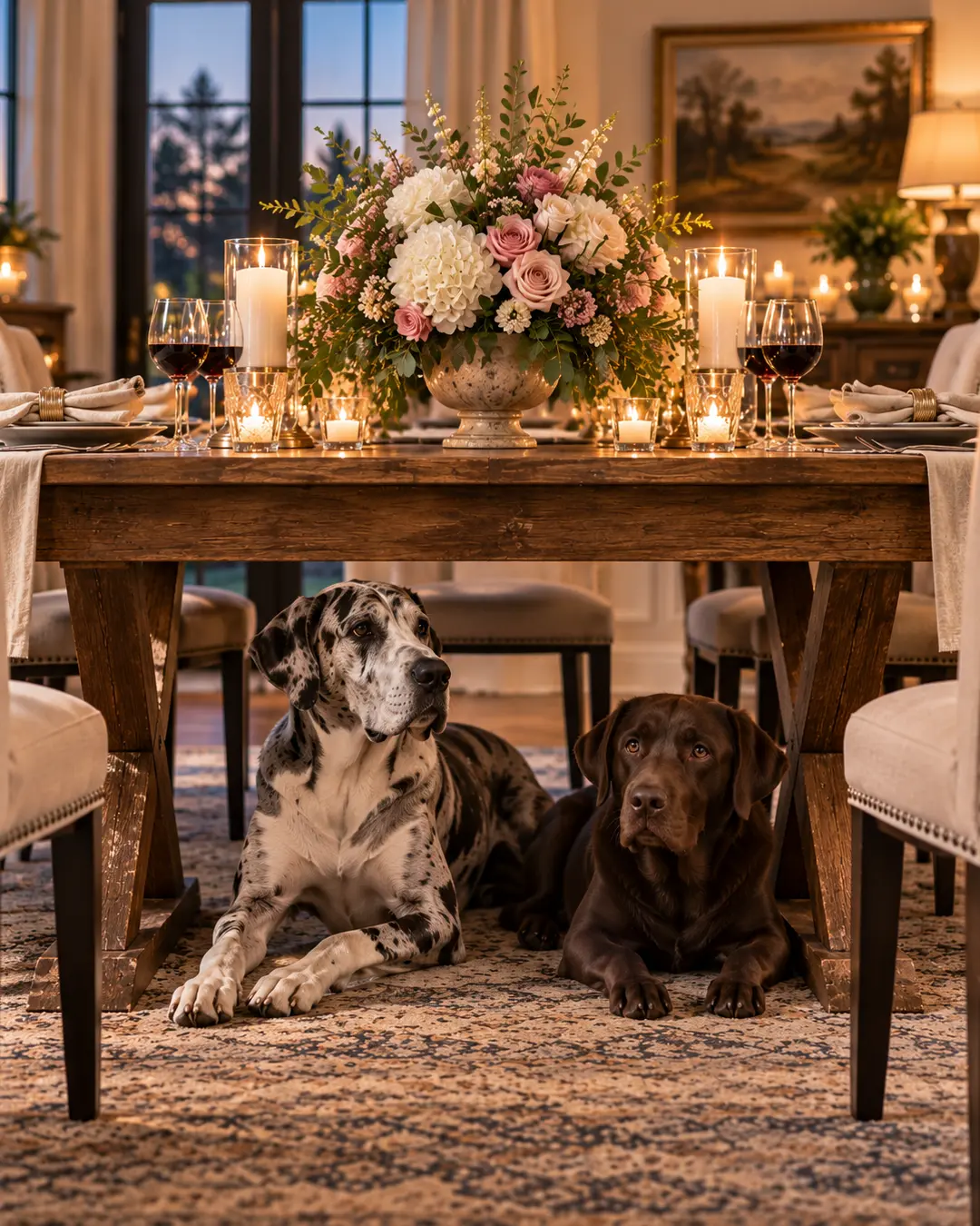 Two dogs relax beneath an elegant dining table set with candles, wine and a lush floral centrepiece in a warmly lit room.