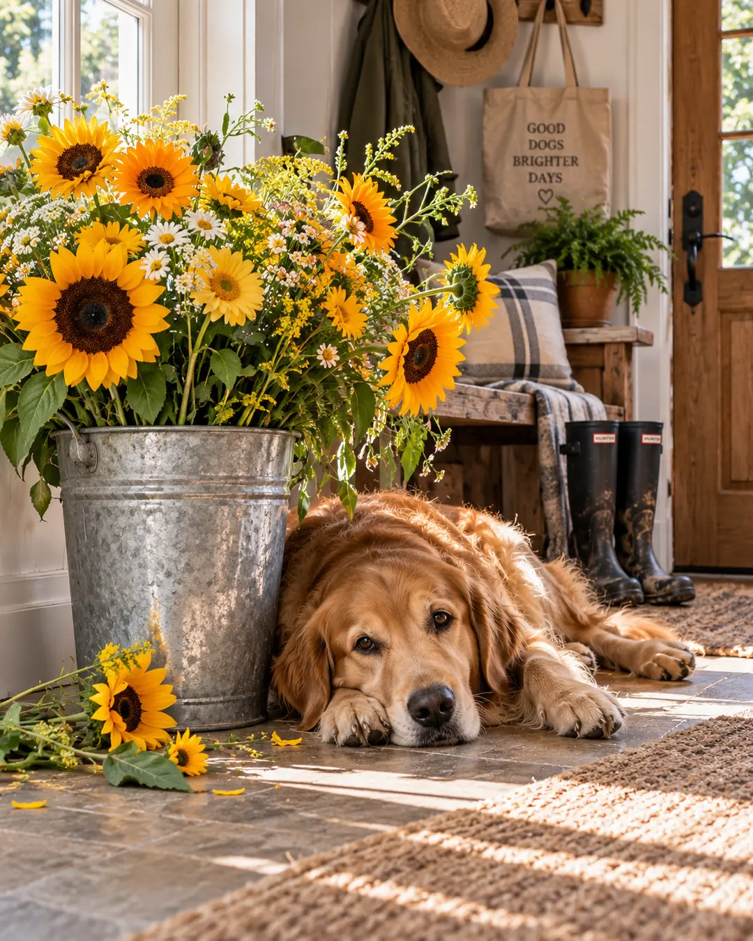 A Golden Retriever rests beside a galvanized bucket overflowing with sunflowers and daisies in a warm, rustic entryway filled with country charm.