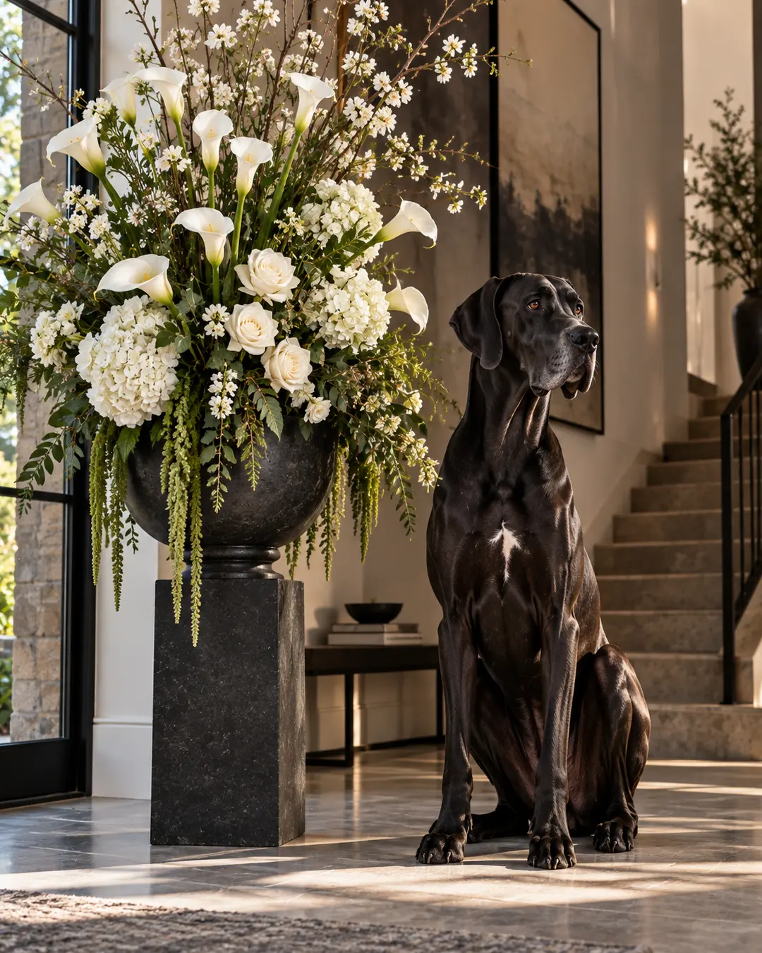 A stately black Great Dane sits beside an extravagant arrangement of white calla lilies, roses and hydrangeas in an elegant modern entryway.