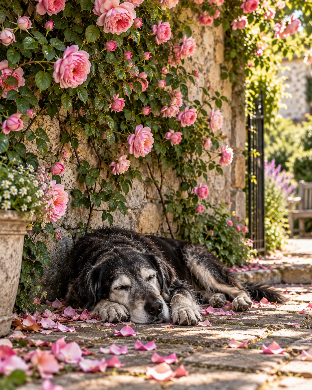 A sleepy senior dog rests beneath cascading pink roses, surrounded by fallen petals and warm sunlight in a peaceful stone garden.