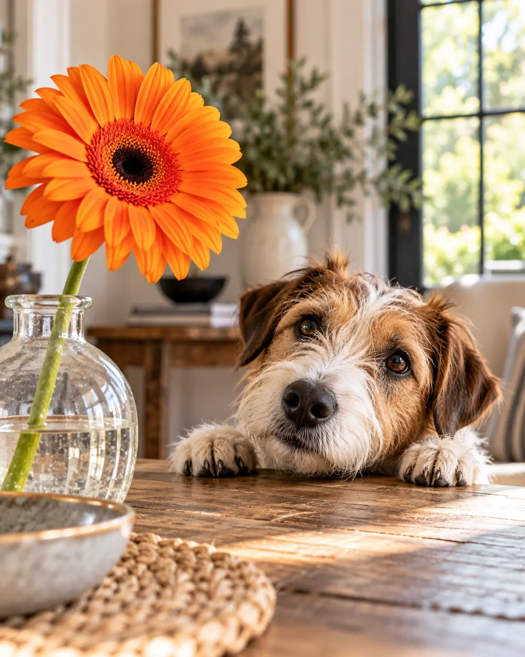 A curious terrier peeks over a rustic table beside a single vibrant orange gerbera daisy in a bright, warmly styled home.