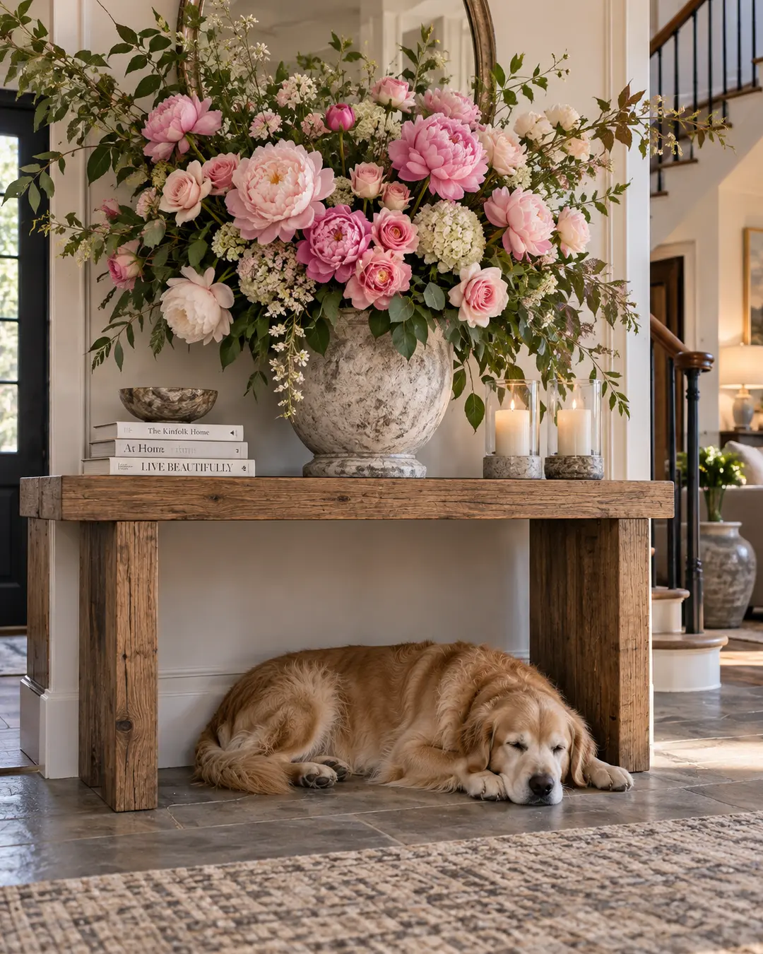 A sleeping Golden Retriever rests beneath a rustic console topped with an overflowing arrangement of pink flowers in an elegant, welcoming home.