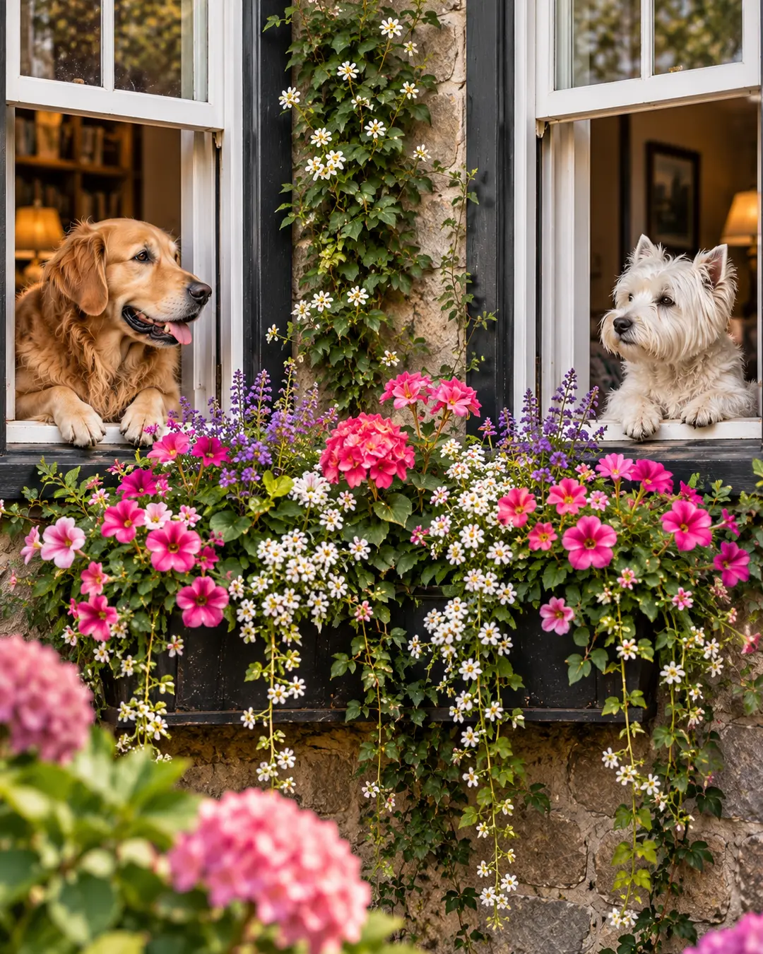 A Golden Retriever and Westie peer from neighbouring windows above overflowing pink and white flowers on a charming stone cottage.