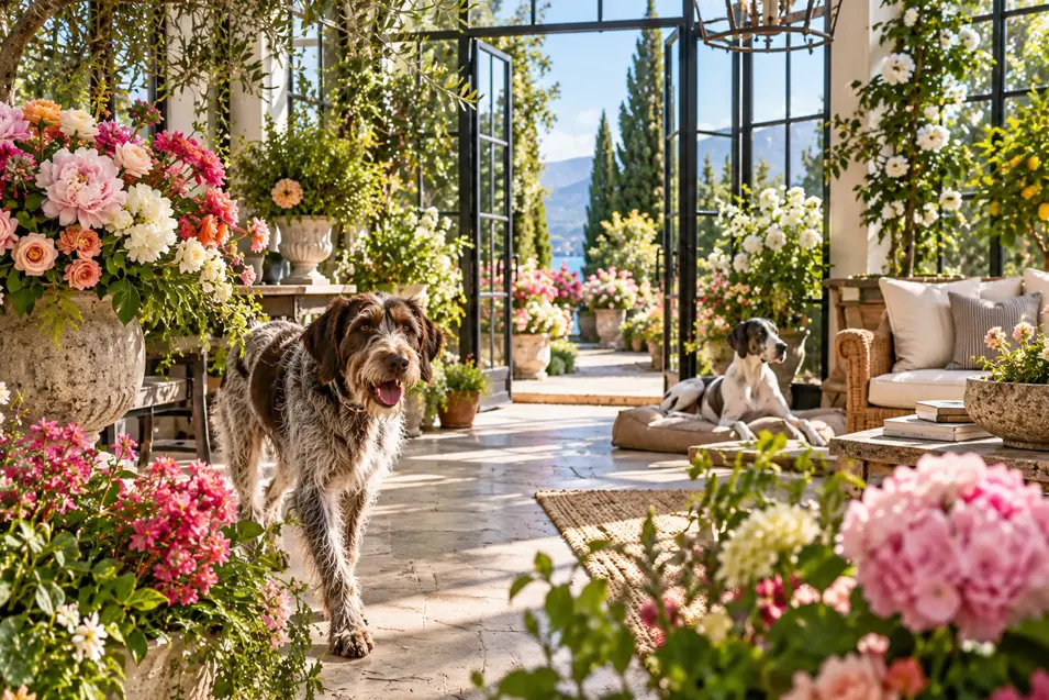 Two dogs relax in a sunlit garden room overflowing with colourful flowers, open doors framing a beautiful lake and mountain view.