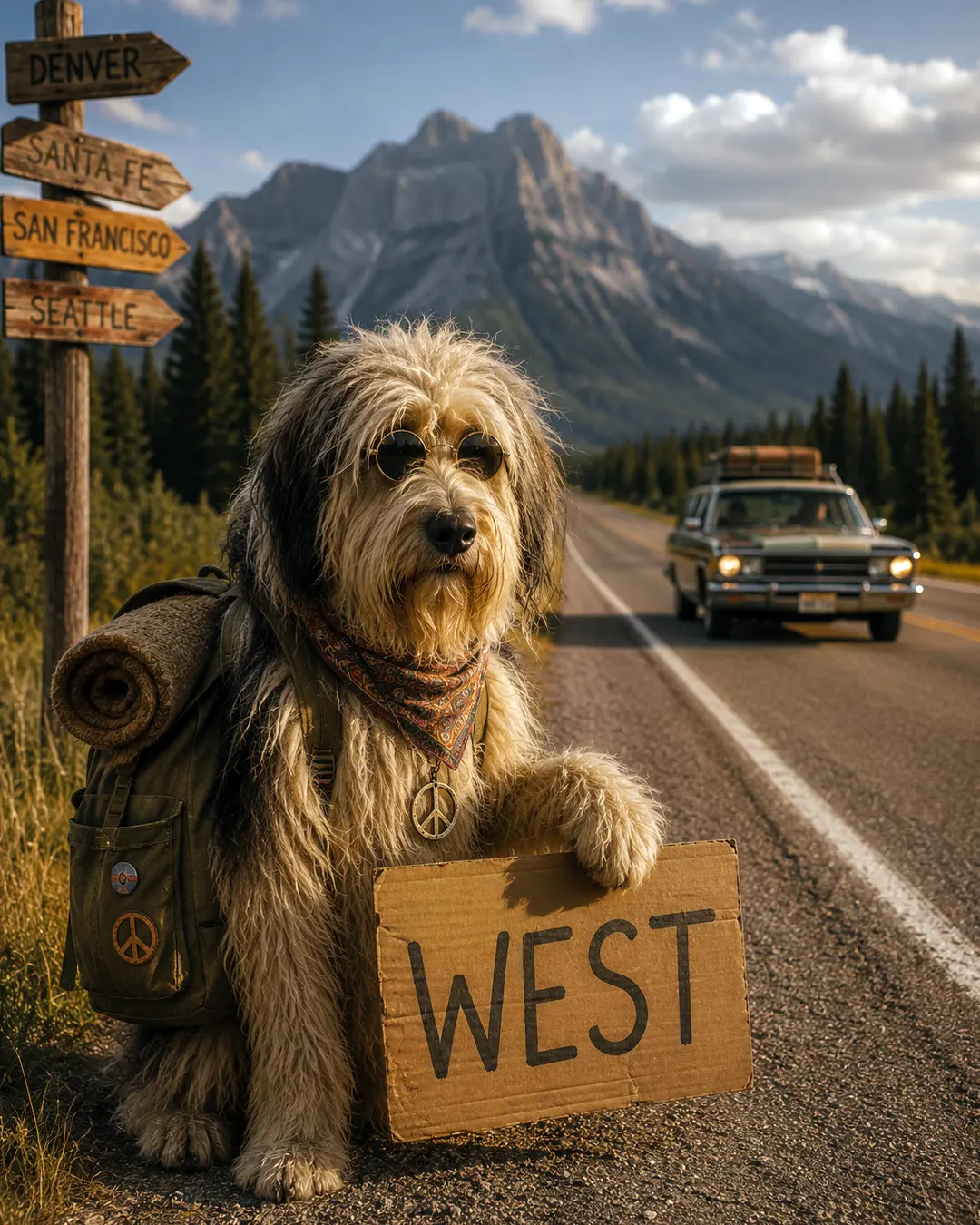 A shaggy hippie dog with a backpack, sunglasses and a “WEST” sign waits for a ride along a mountain highway, ready for the next adventure.