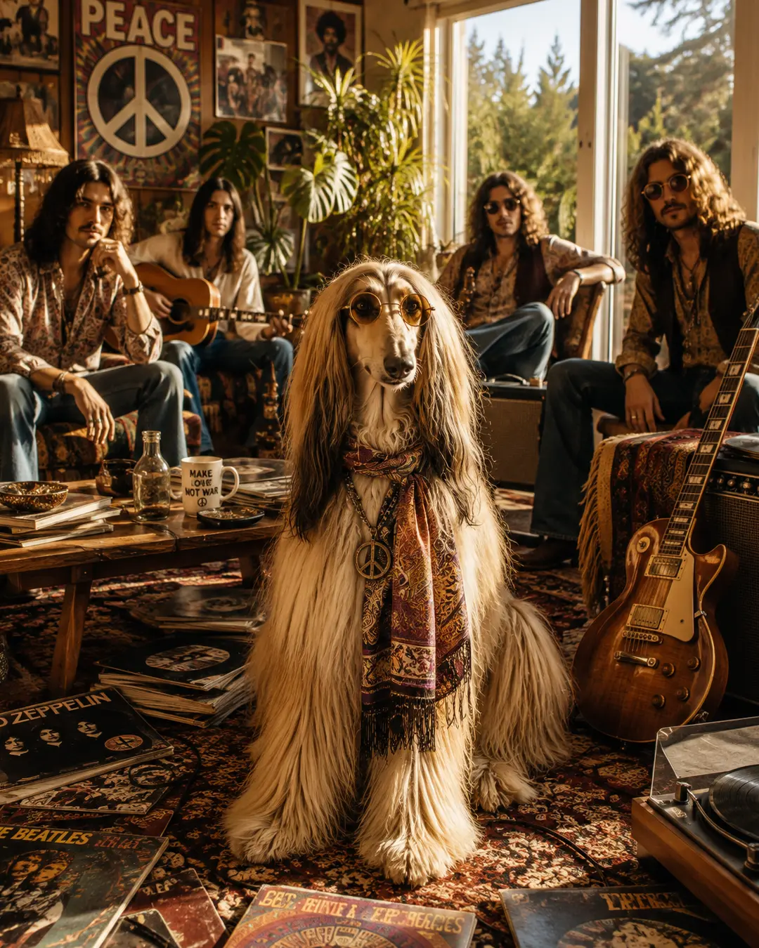 An Afghan Hound channels a 1970s rock star in a Laurel Canyon home filled with musicians, guitars, records and unmistakable hippie style.