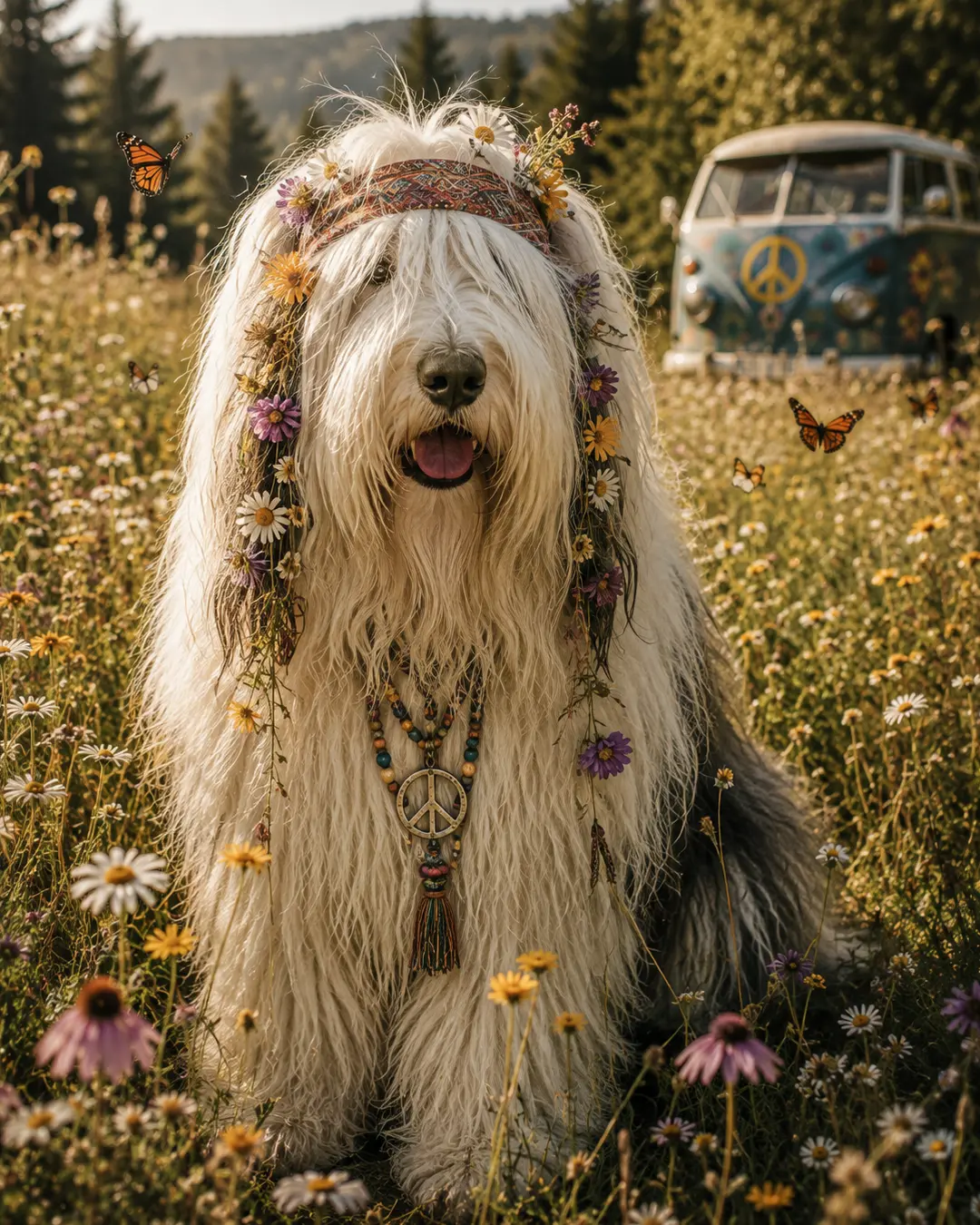 An Old English Sheepdog embraces flower power in a wildflower meadow, adorned with blooms, beads and a peace symbol beside a hippie van.