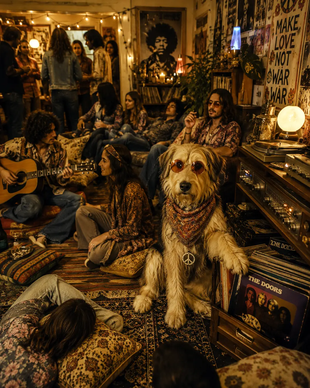 A shaggy dog in round sunglasses and a peace necklace hangs out at a groovy 1970s house party filled with music, friends and vinyl.