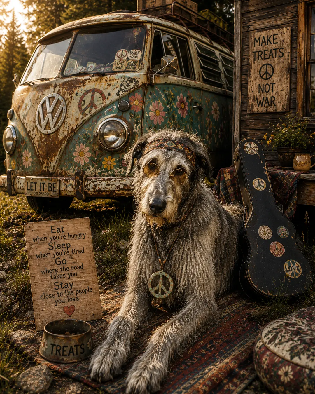 A shaggy hippie dog relaxes beside a flower-painted vintage van, guitar and treats, embracing a simple life of peace, love and the open road.