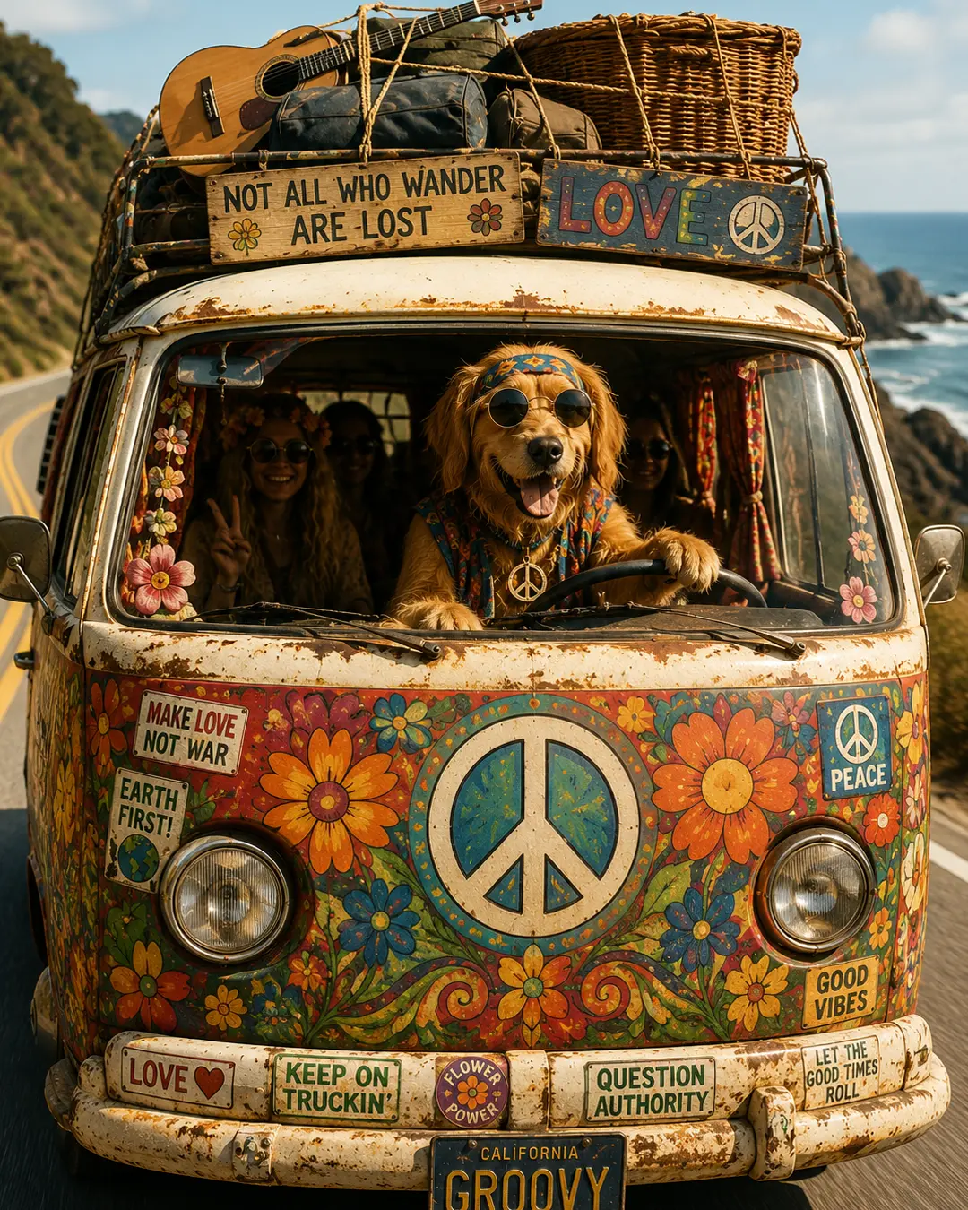A sunglasses-wearing dog takes the wheel of a flower-painted hippie van packed with friends, guitars, luggage and plenty of peace and love.