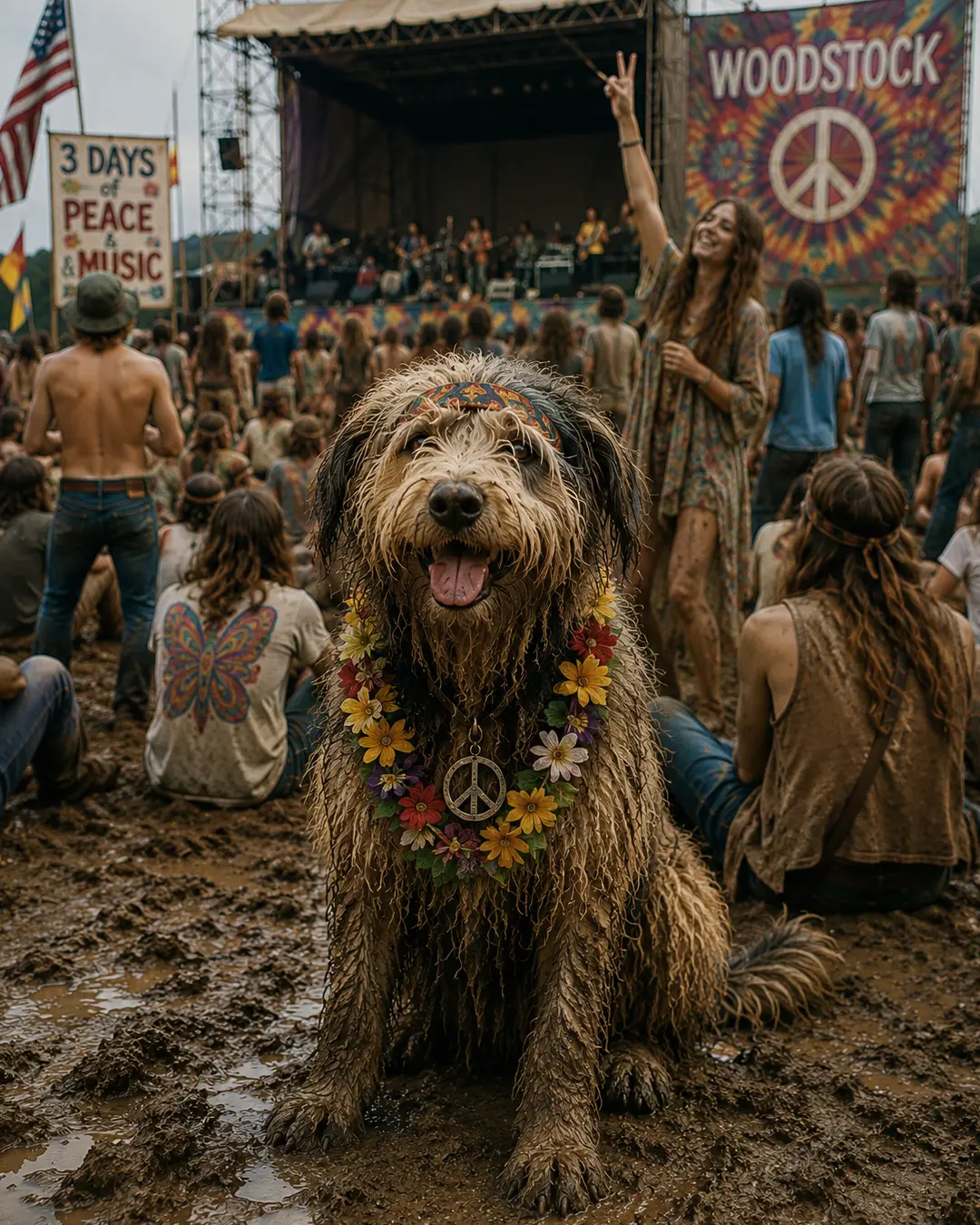 A flower-covered, mud-soaked dog wearing a peace symbol sits happily among the crowds and music at Woodstock.