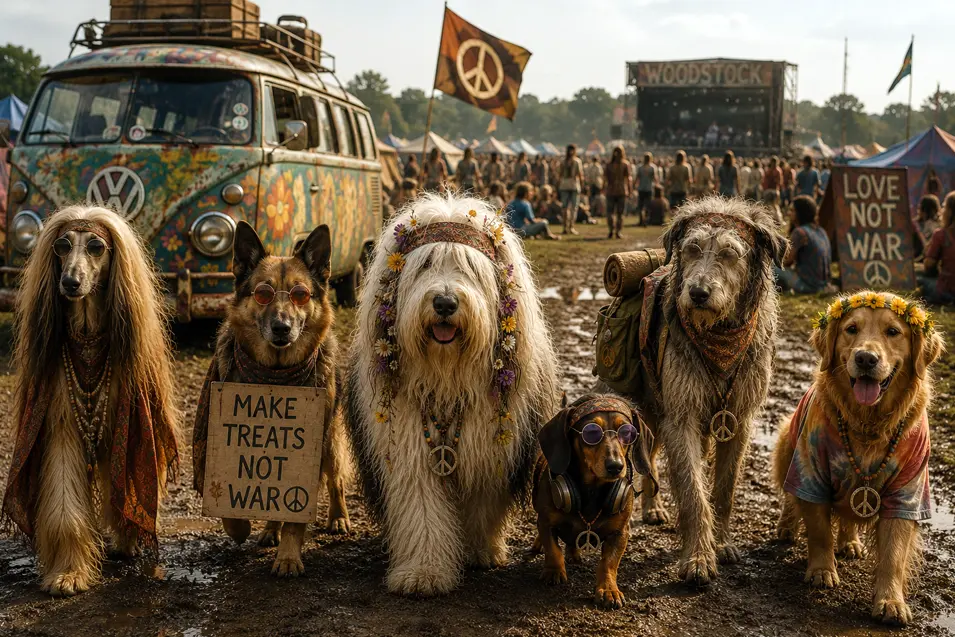 A groovy pack of hippie dogs gathers at Woodstock in flowers, beads and sunglasses, spreading peace, love and “Make Treats Not War” vibes.